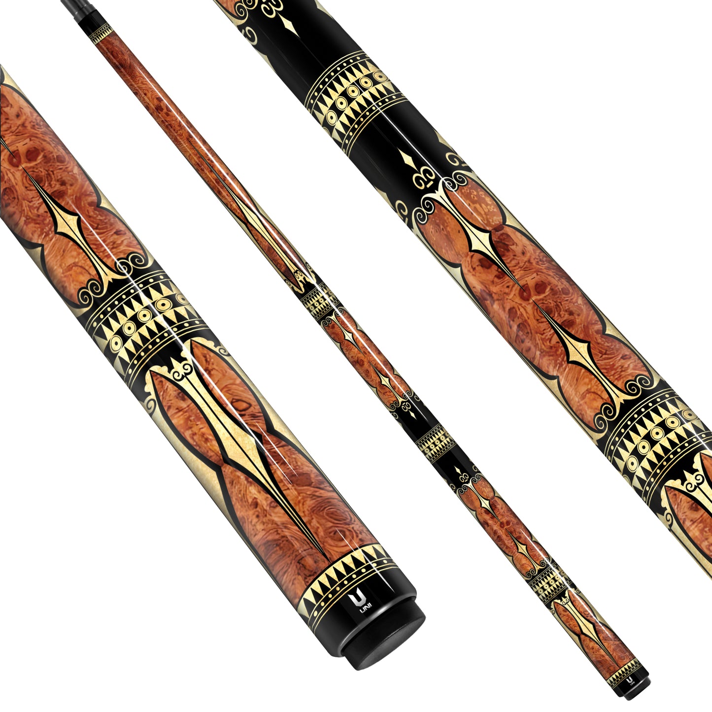 Luxury Royal Burl Carbon Fiber Pool Cue - Ornate Gold Scrollwork & Deep Ruby Heritage Edition Stick