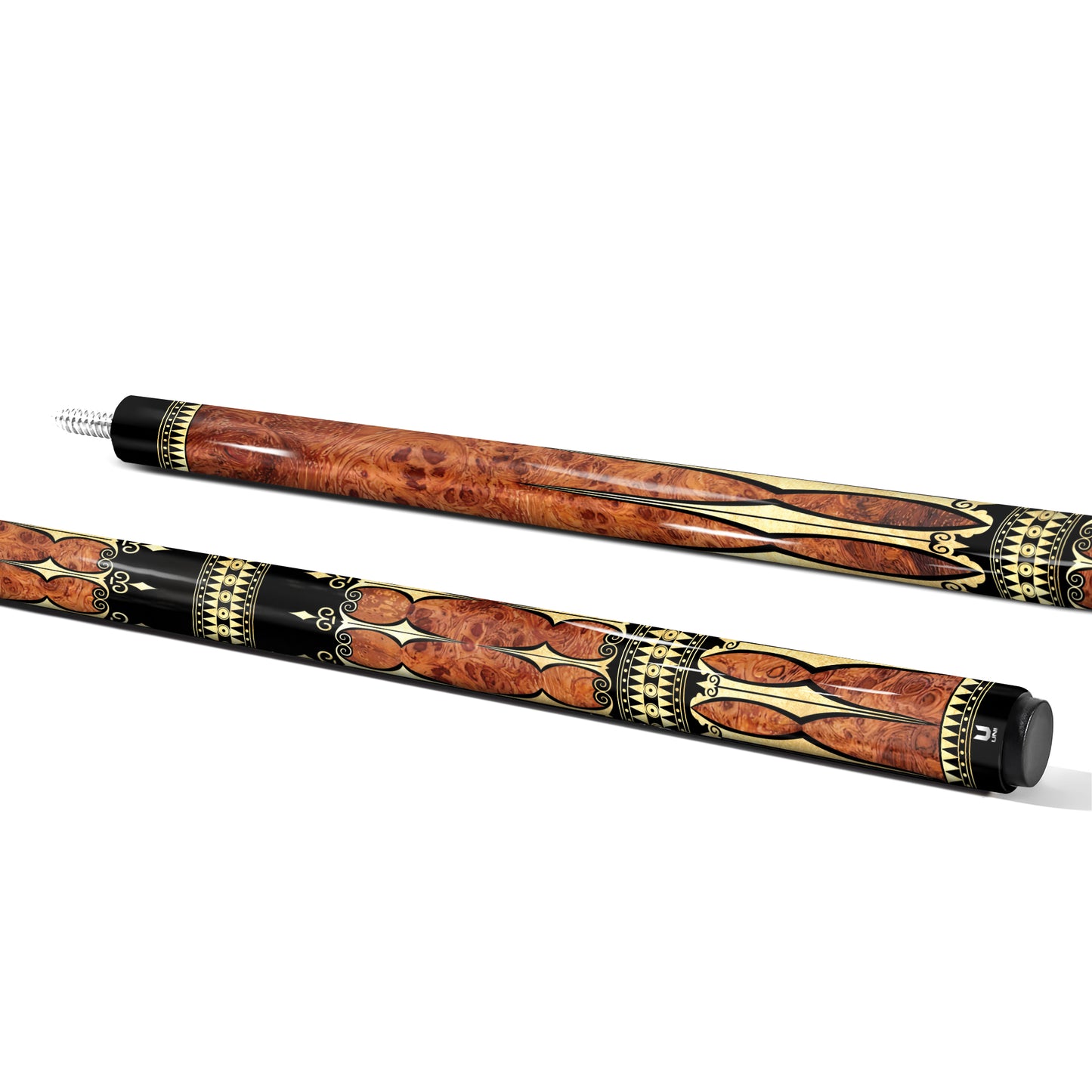 Luxury Royal Burl Carbon Fiber Pool Cue - Ornate Gold Scrollwork & Deep Ruby Heritage Edition Stick