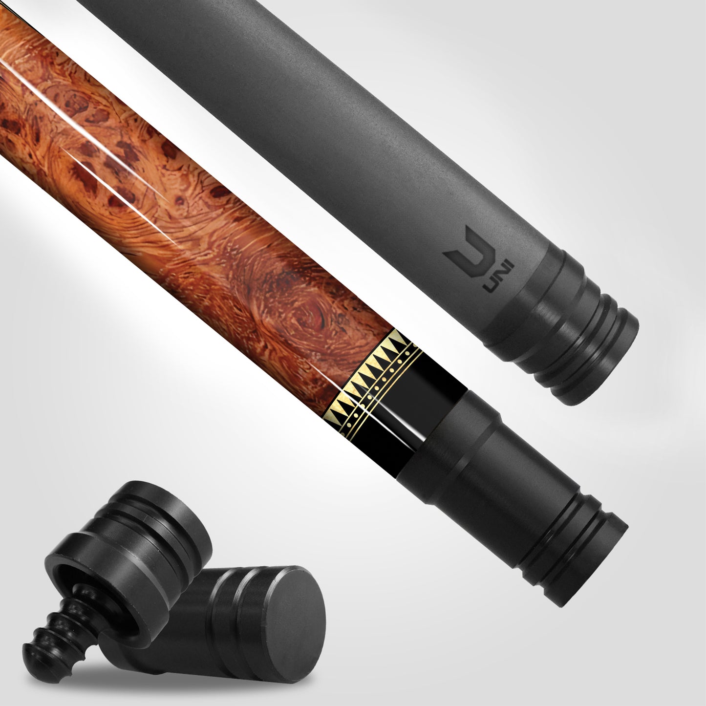 Luxury Royal Burl Carbon Fiber Pool Cue - Ornate Gold Scrollwork & Deep Ruby Heritage Edition Stick