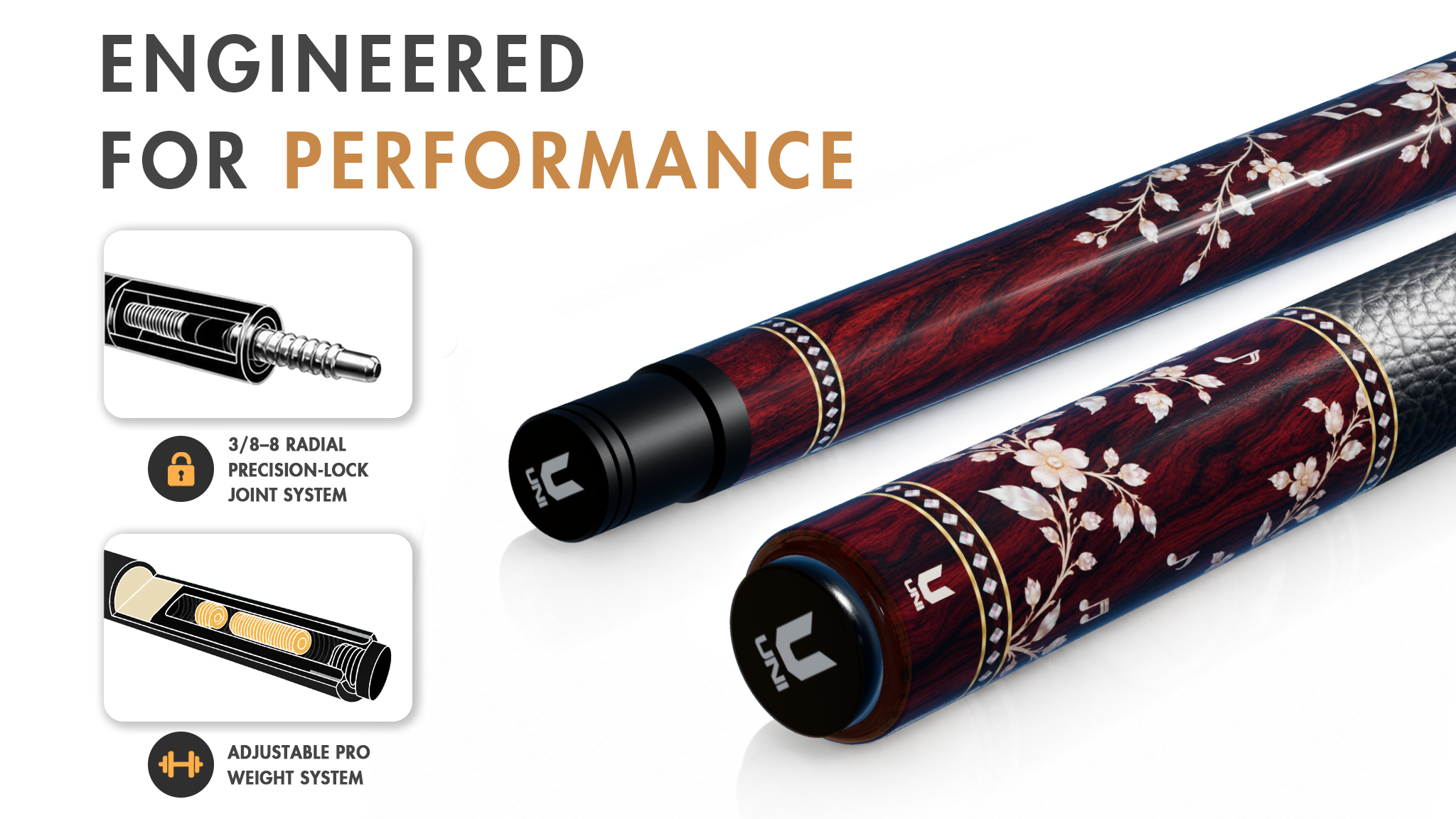 Uni Mother of Pearl Blossom Melody Pool Cue | Pearl Vine Music Note Rosewood Theme - Detail 1