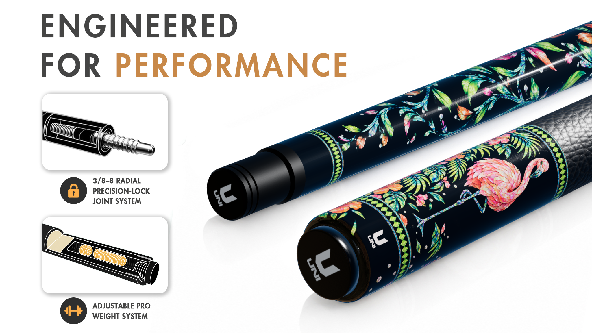 Uni Mother of Pearl Flamingo Pool Cue | Neon Palm Black Lacquer Theme - Detail 1