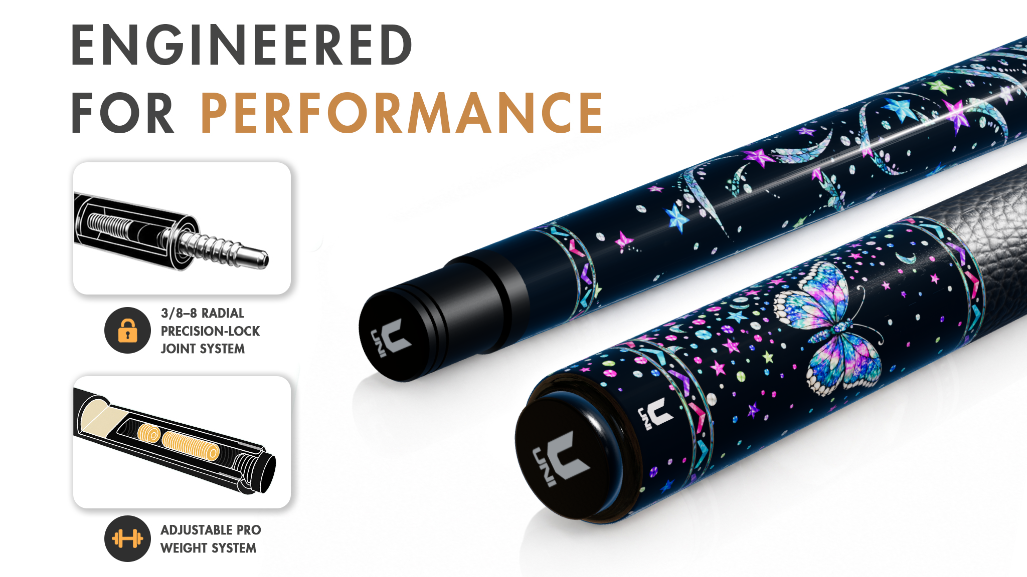 Uni Mother of Pearl Butterfly Pool Cue | Neon Abalone Black Lacquer Theme - Detail 1