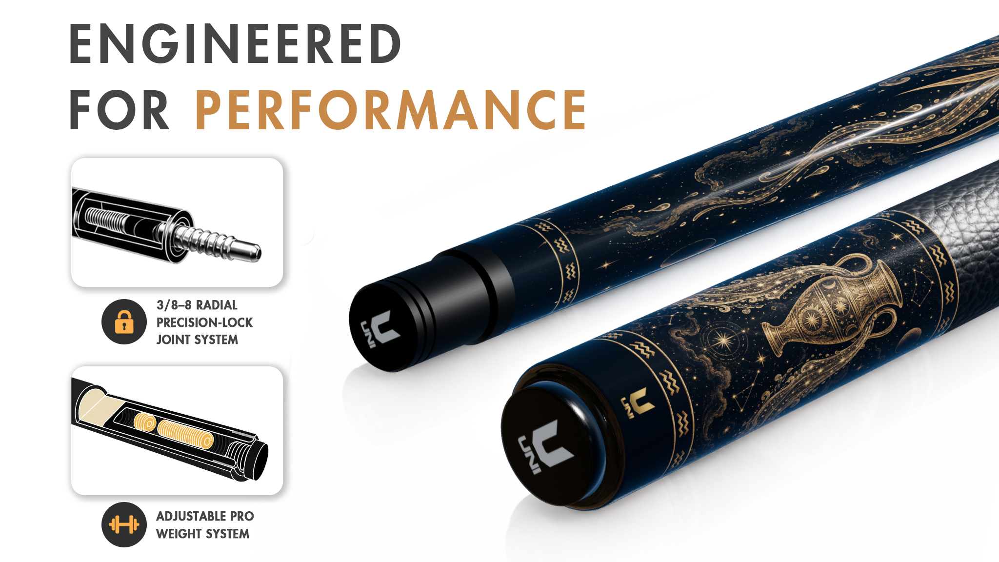 Uni Aquarius Zodiac Legend Carbon Fiber Pool Cue | Celestial Zodiac Theme - Detail 1