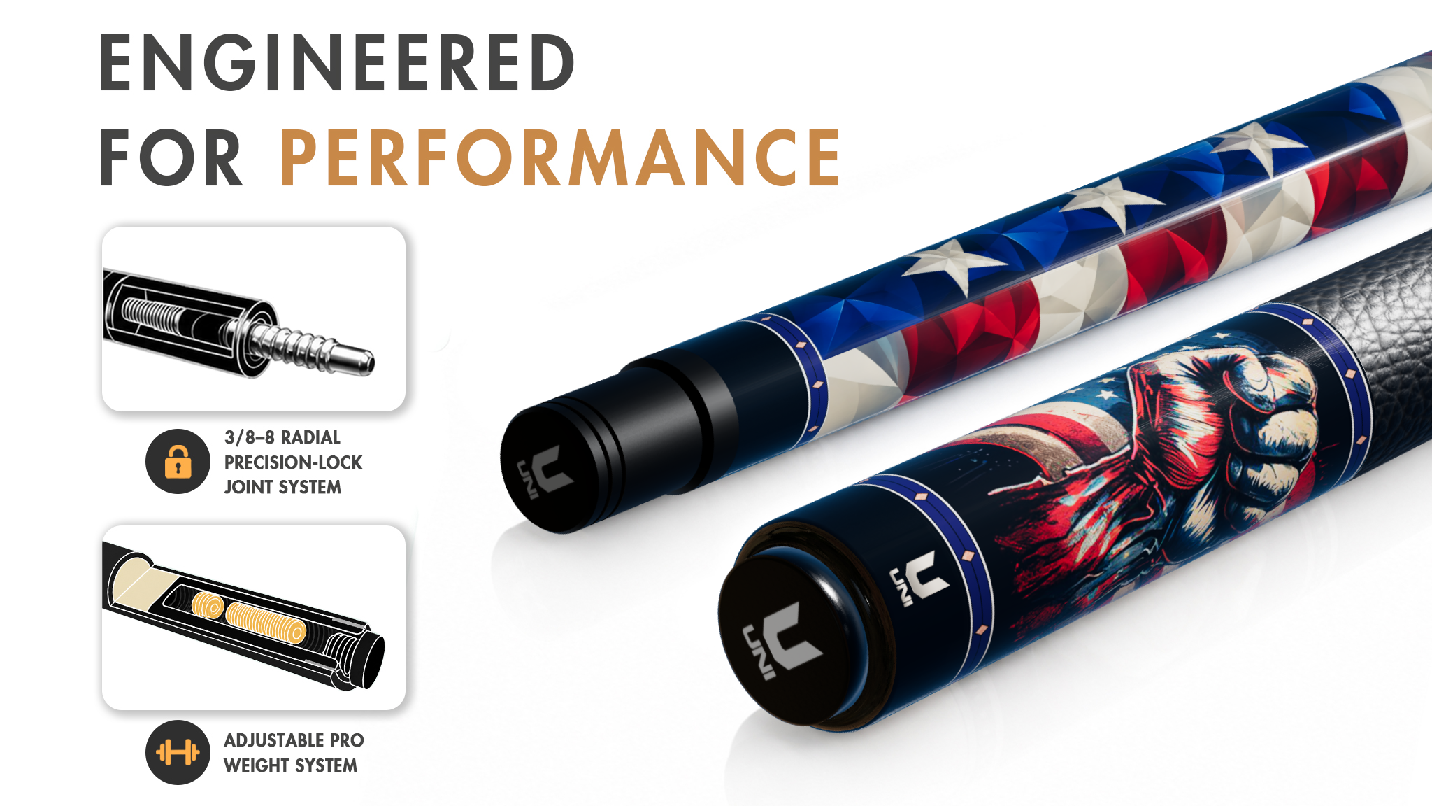 Uni American Grit & Glory Carbon Fiber Pool Cue | Low-Poly Flag & Victory Fist - Detail 1
