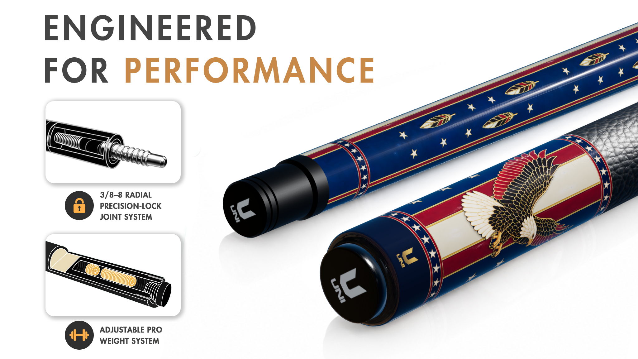 Uni Bald Eagle Pool Cue | Gold Wire Cloisonne Enamel Theme - Detail 1