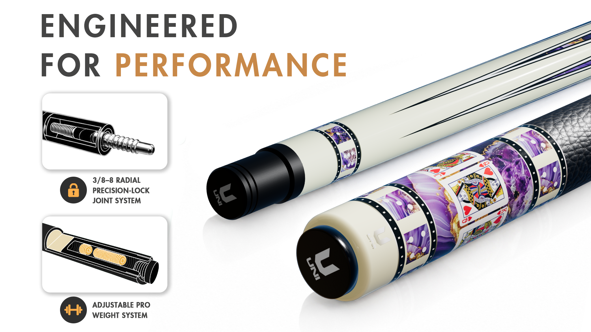 Uni Royal Flush Carbon Fiber Pool Cue | Amethyst Purple Stone - Detail 1