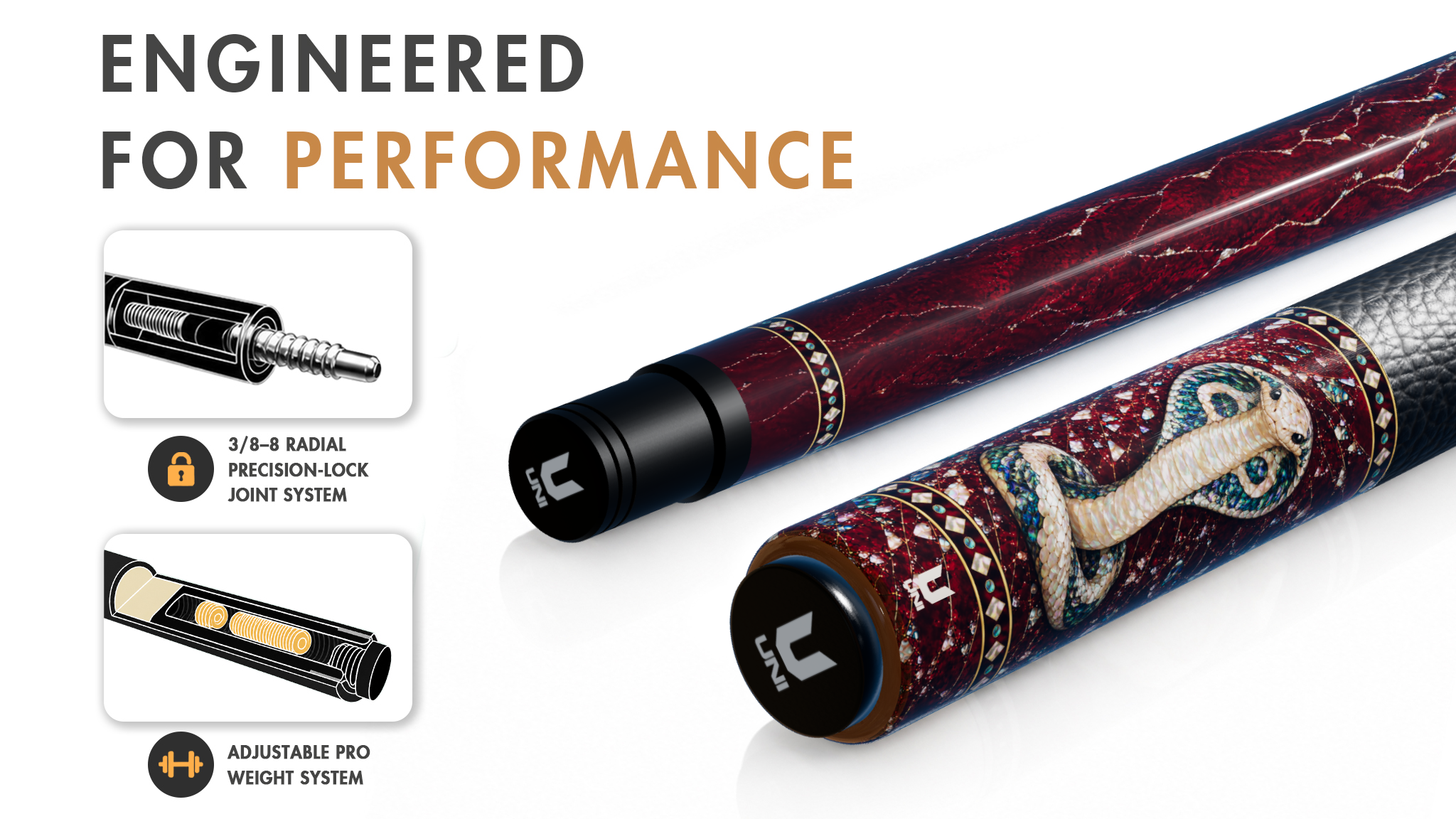 Uni Mother of Pearl Cobra Pool Cue | Abalone King Cobra on Shattered Crimson Lacquer Theme - Detail 1