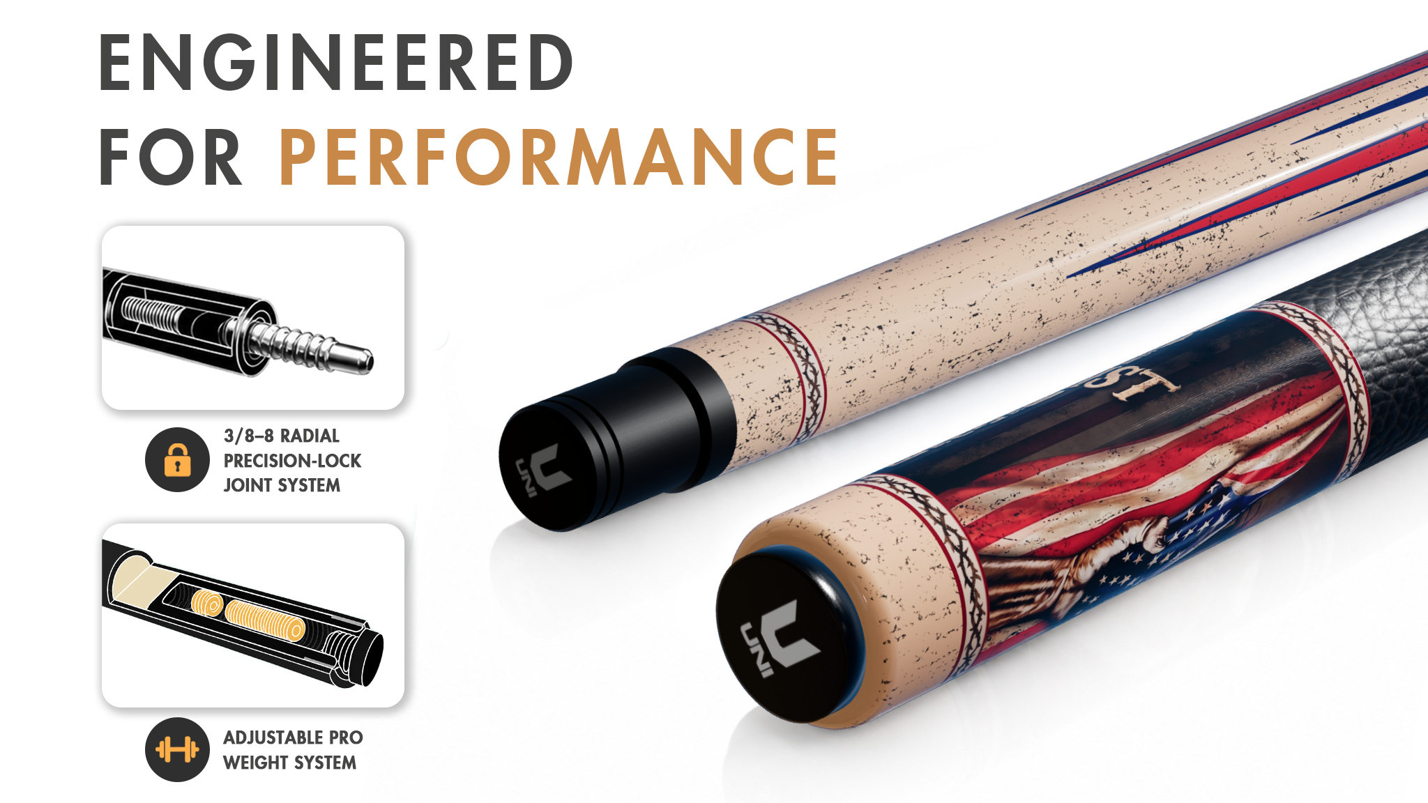 Uni American Christian Cross Carbon Fiber Pool Cue | Flag Design - Detail 1