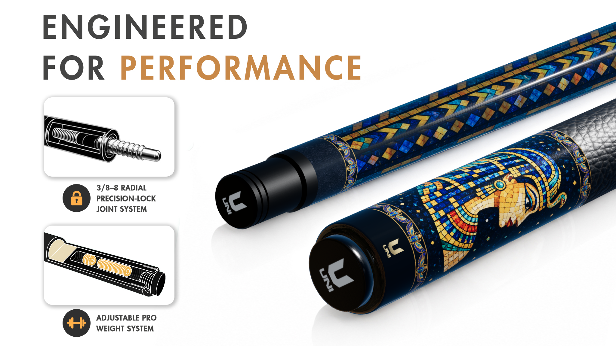 Uni Cleopatra Mosaic Carbon Fiber Pool Cue | Egyptian Stained Glass - Detail 1