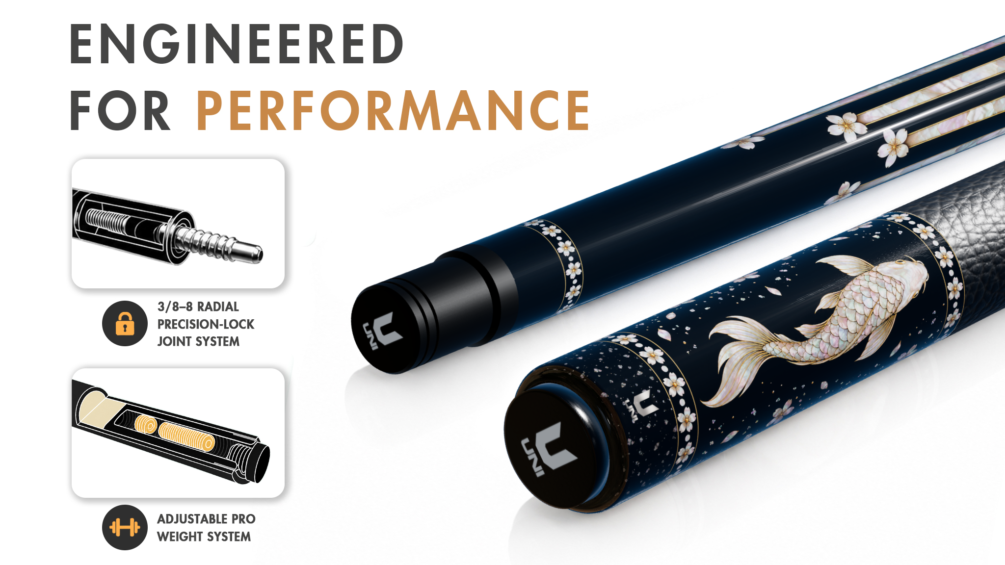 Uni Mother of Pearl Koi Pool Cue | Raden Cherry Blossom Black Lacquer Theme - Detail 1