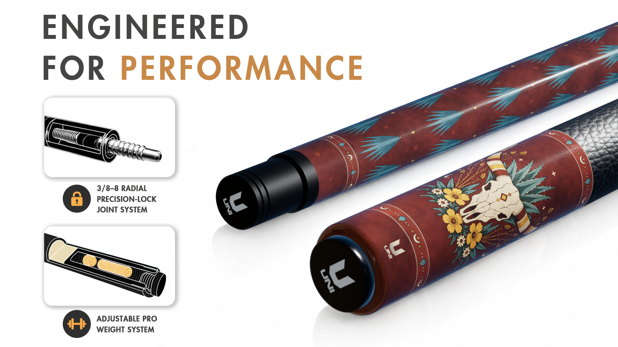 Southwest Bull Skull Pool Cue – Brick Red Desert Agave & Wildflower Design - Detail 1
