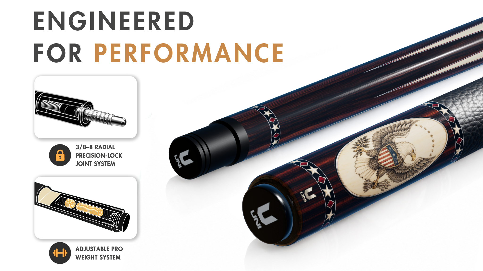 Uni Bald Eagle Pool Cue | Scrimshaw Ivory Points on Rosewood Theme - Detail 1