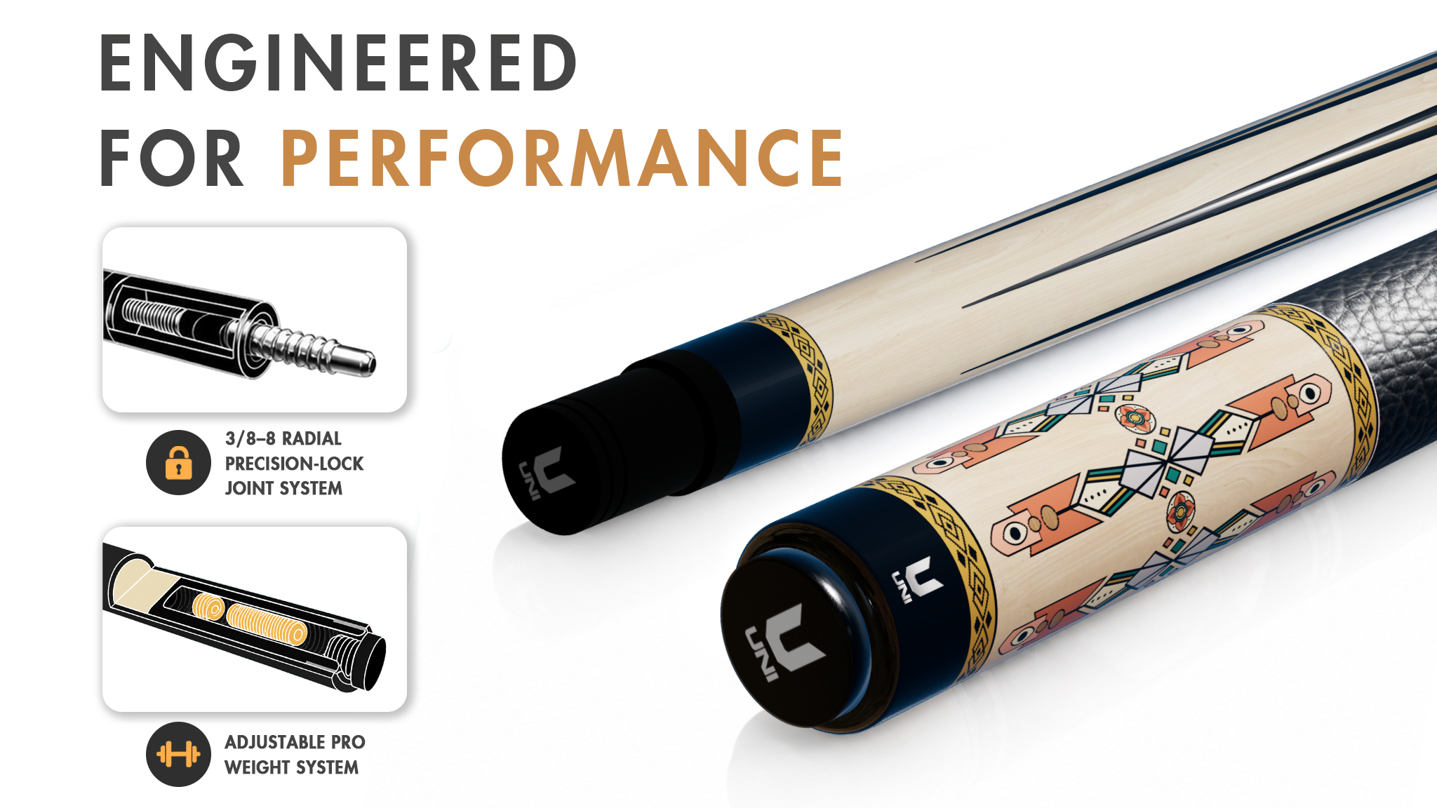 Uni Southwestern-Inspired Aztec Carbon Fiber Pool Cue | Heritage Pattern - Detail 1