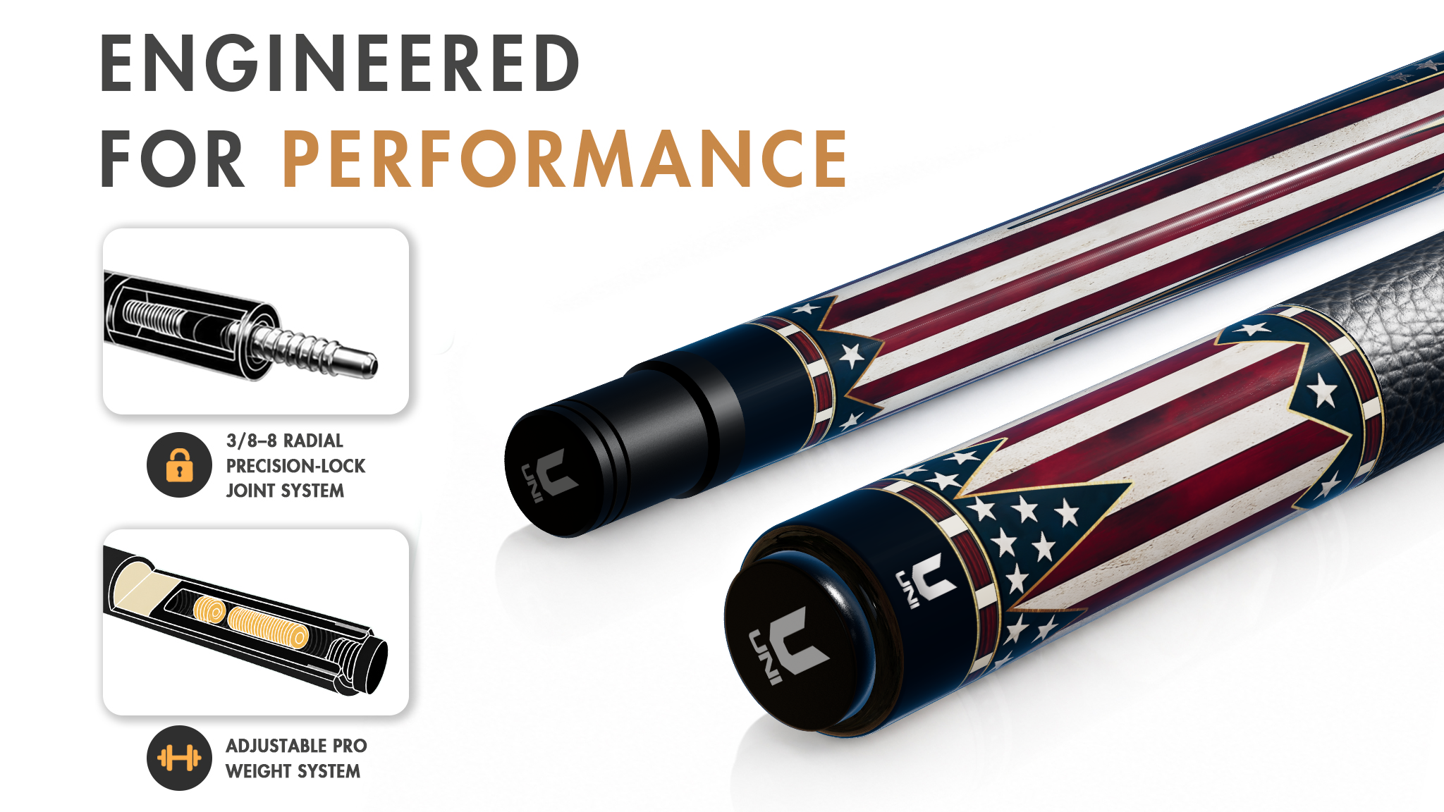Uni Old Glory Patriot Carbon Fiber Pool Cue | American Flag Design - Detail 1