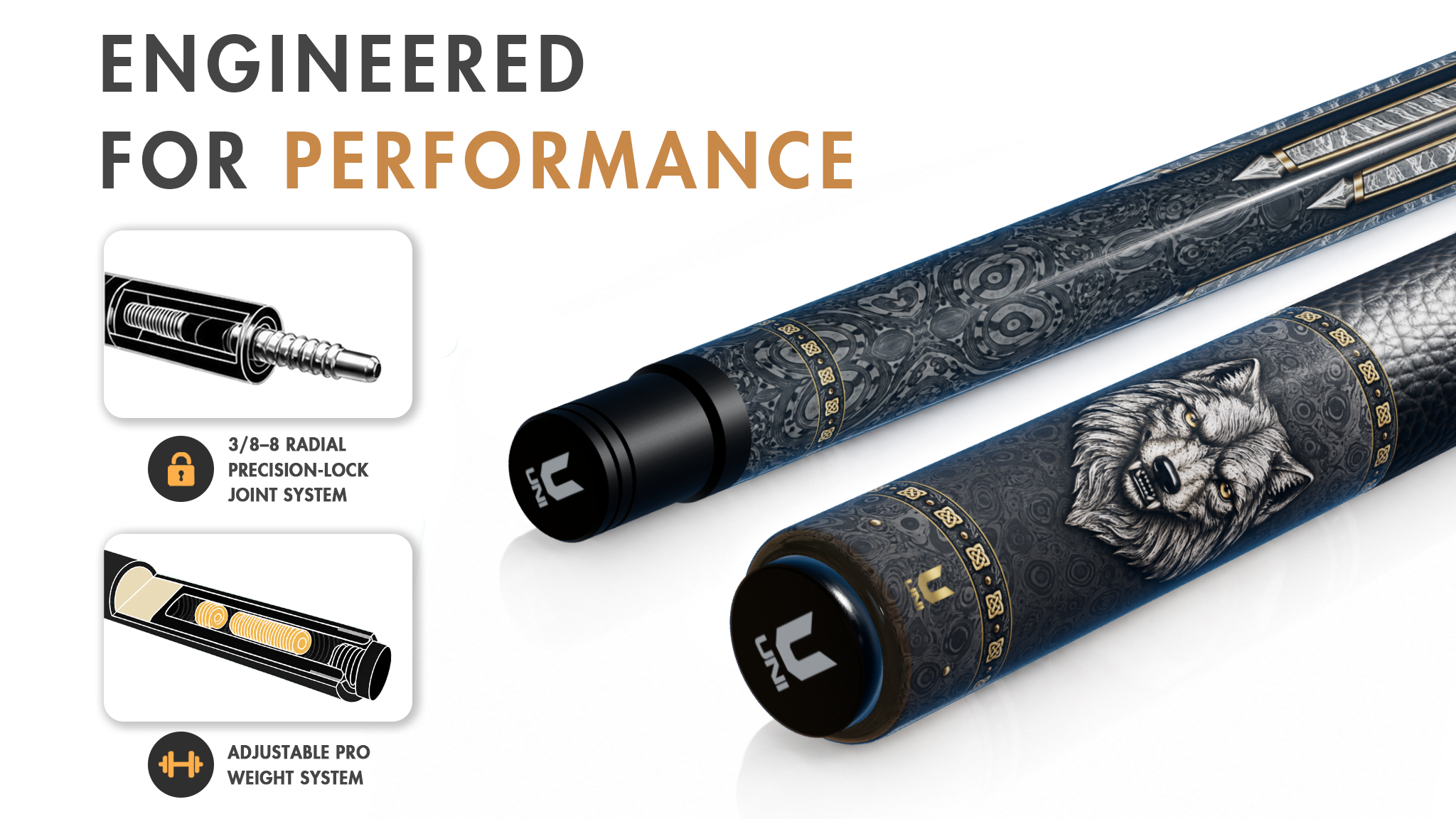 Uni Damascus Steel Wolf Pool Cue | Snarling Silver Wolf on Forged Damascus Theme - Detail 1