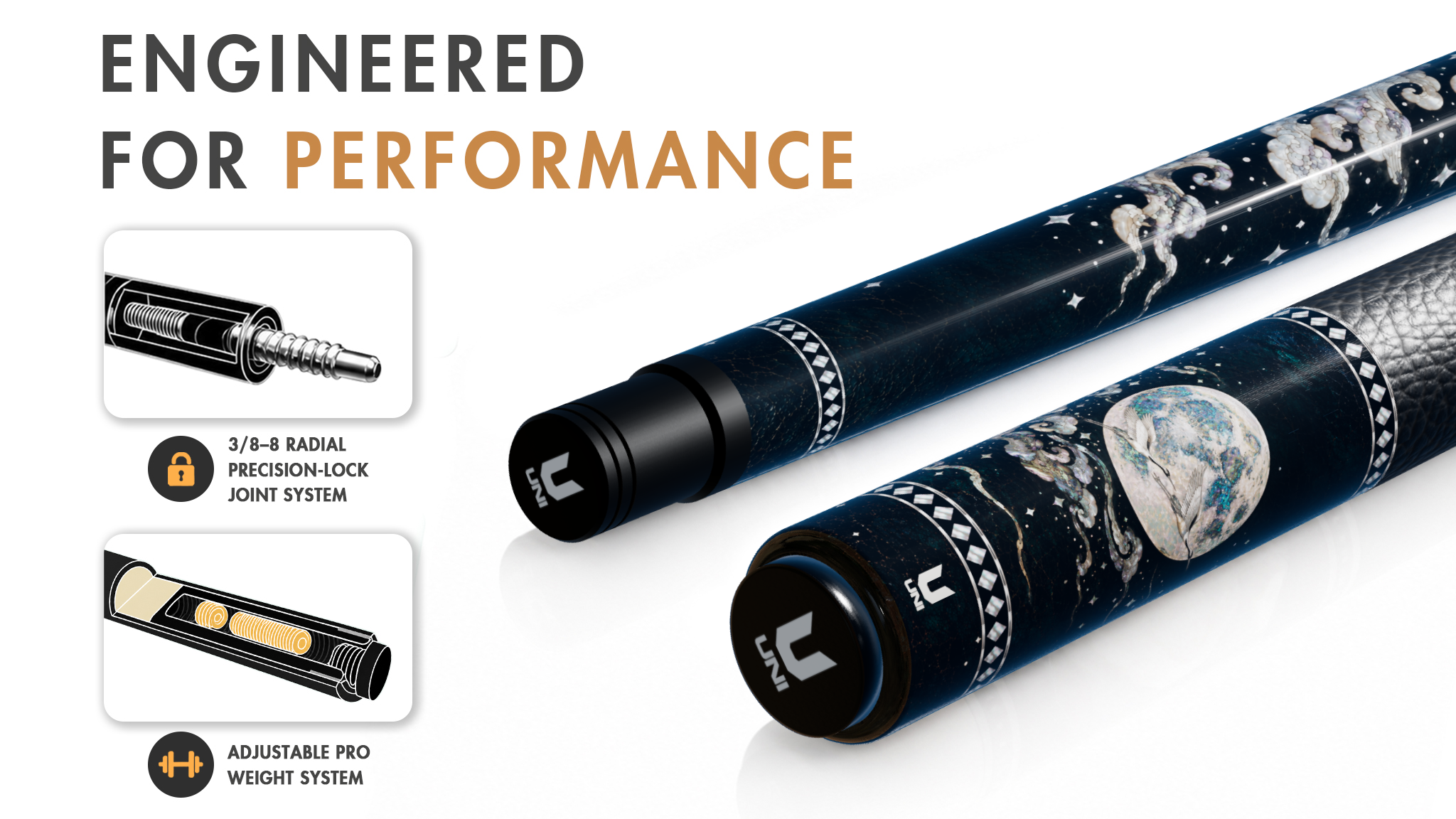 Uni Mother of Pearl Moon Pool Cue | Silver Crane Night Sky Black Lacquer Theme - Detail 1