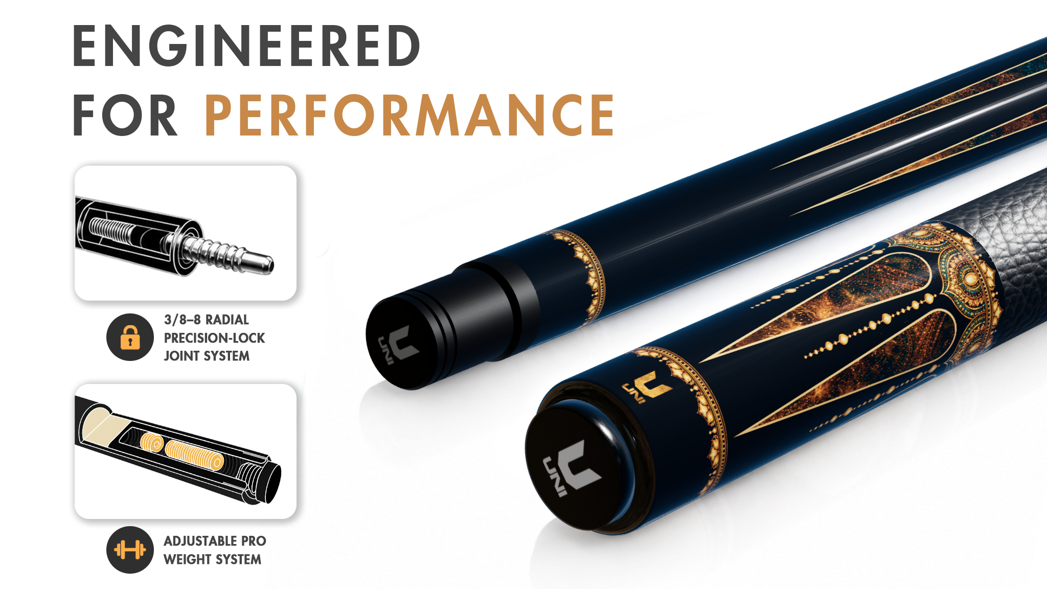 Uni Mandala-Inspired Carbon Fiber Pool Cue | Elegant Gold Accents - Detail 1