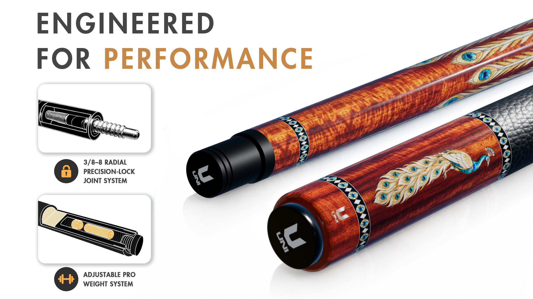 Uni Mother of Pearl Peacock Pool Cue | Abalone Feather Hawaiian Koa Wood Theme - Detail 1