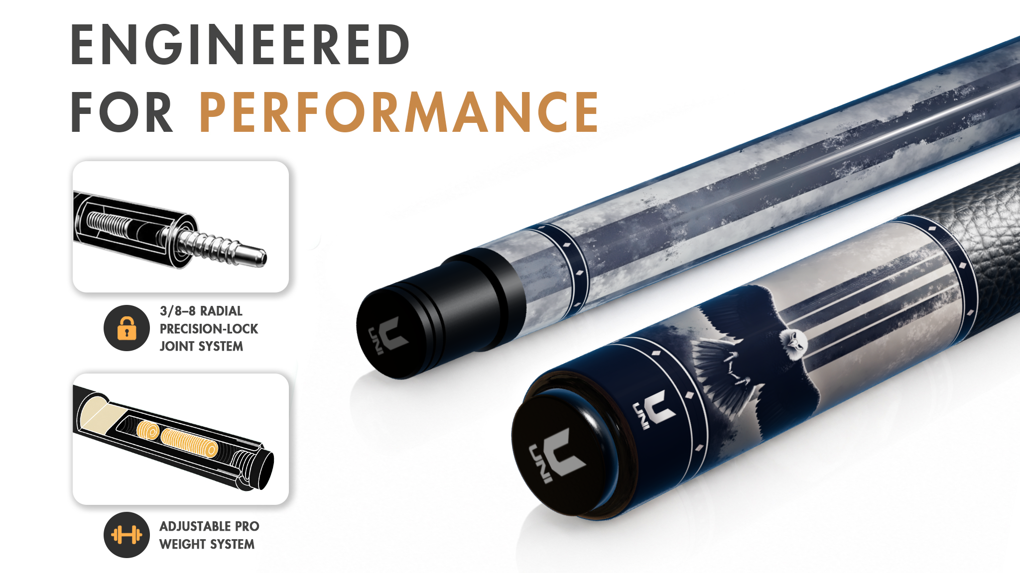 Uni Black Shadow Eagle Carbon Fiber Pool Cue | Minimalist Noir Low-Deflection Design - Detail 1