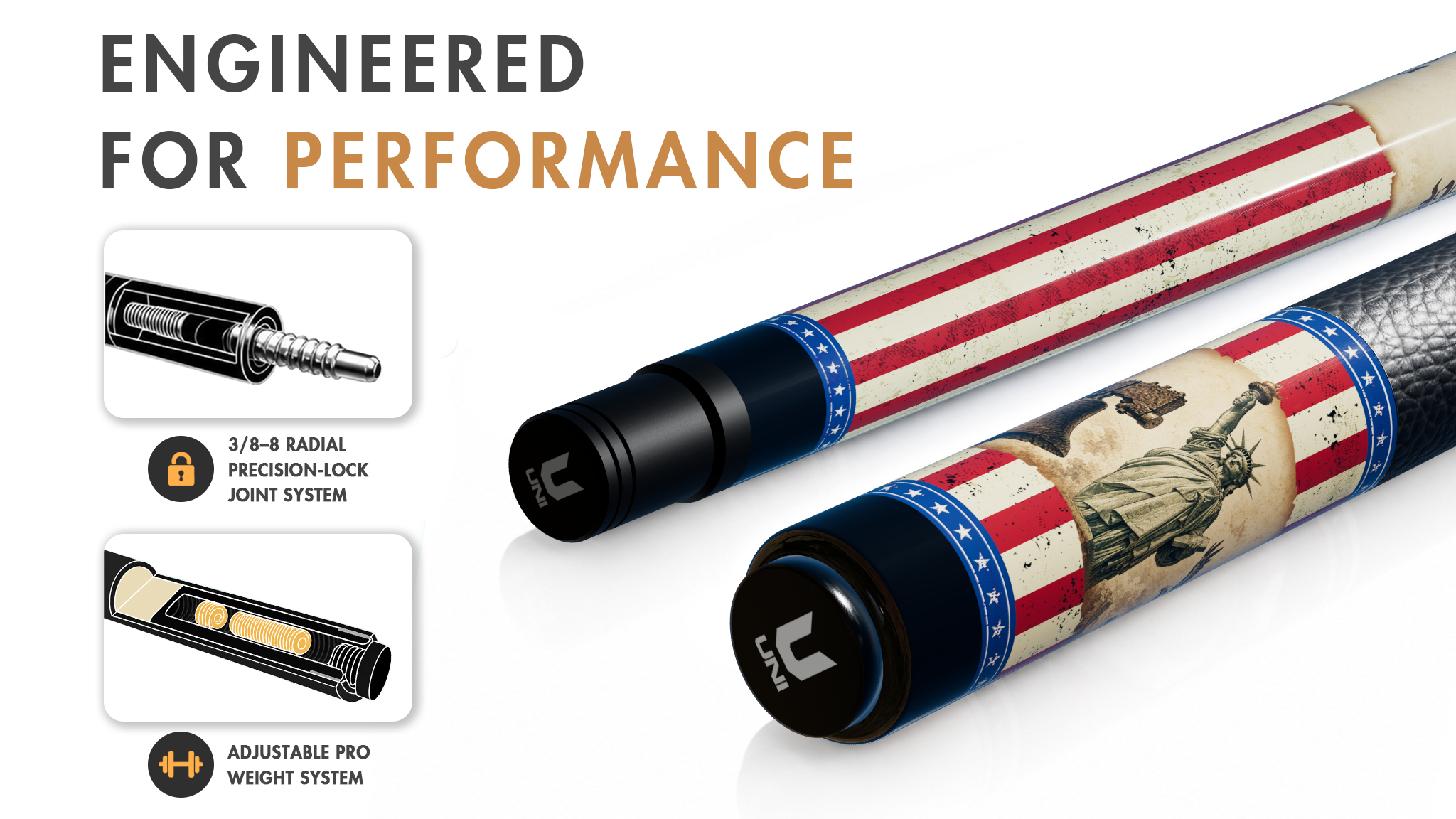Uni Vintage American Flag Carbon Fiber Pool Cue | Liberty Bell & Bald Eagle - Detail 1