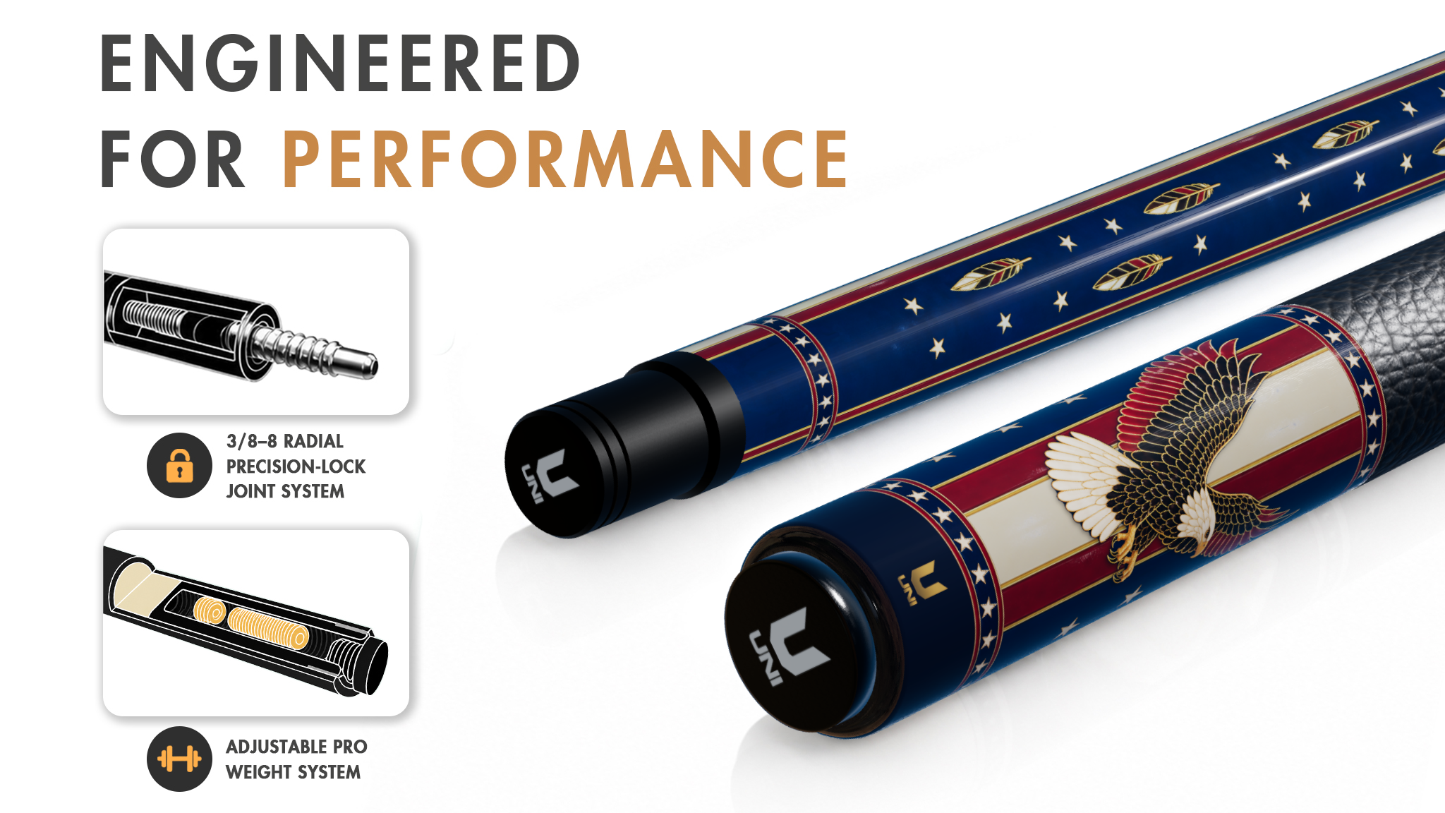 Uni Bald Eagle Pool Cue | Gold Wire Cloisonne Enamel Theme - Detail 1