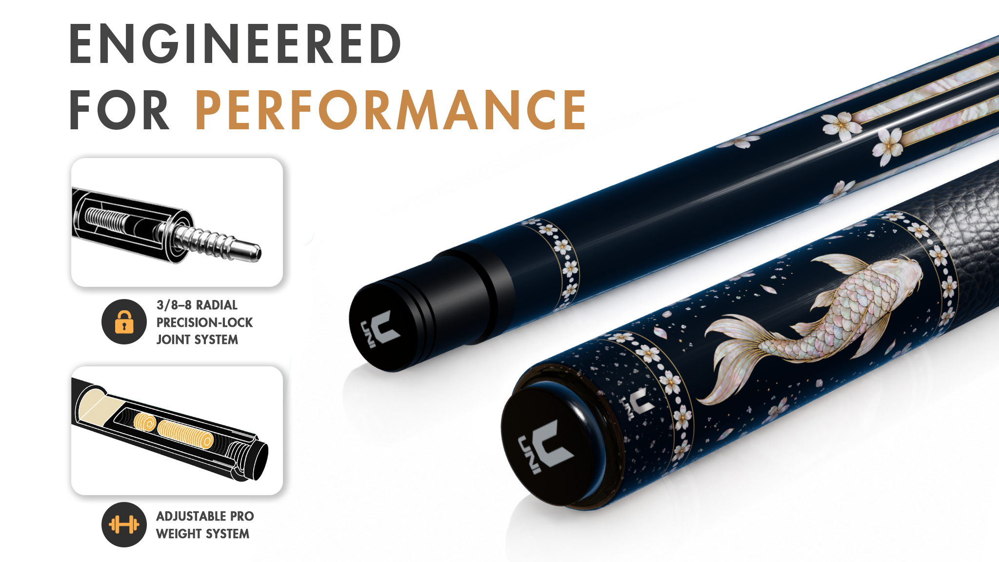 Uni Mother of Pearl Koi Pool Cue | Raden Cherry Blossom Black Lacquer Theme - Detail 1