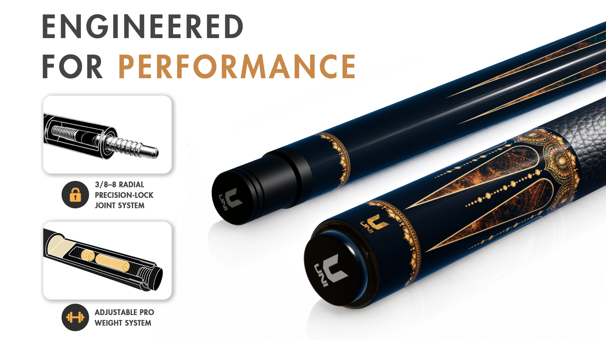Uni Mandala-Inspired Carbon Fiber Pool Cue | Elegant Gold Accents - Detail 1