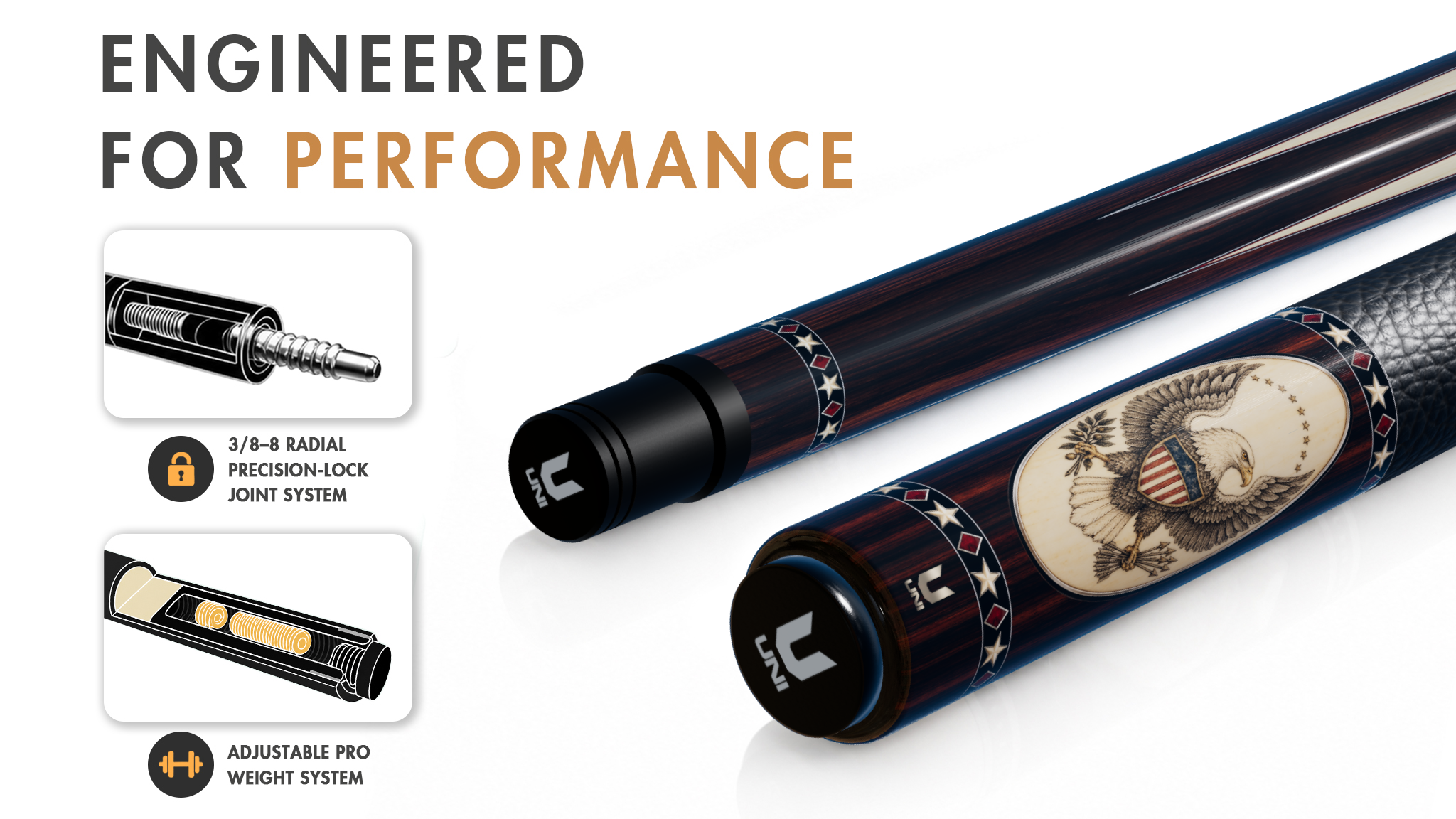 Uni Bald Eagle Pool Cue | Scrimshaw Ivory Points on Rosewood Theme - Detail 1