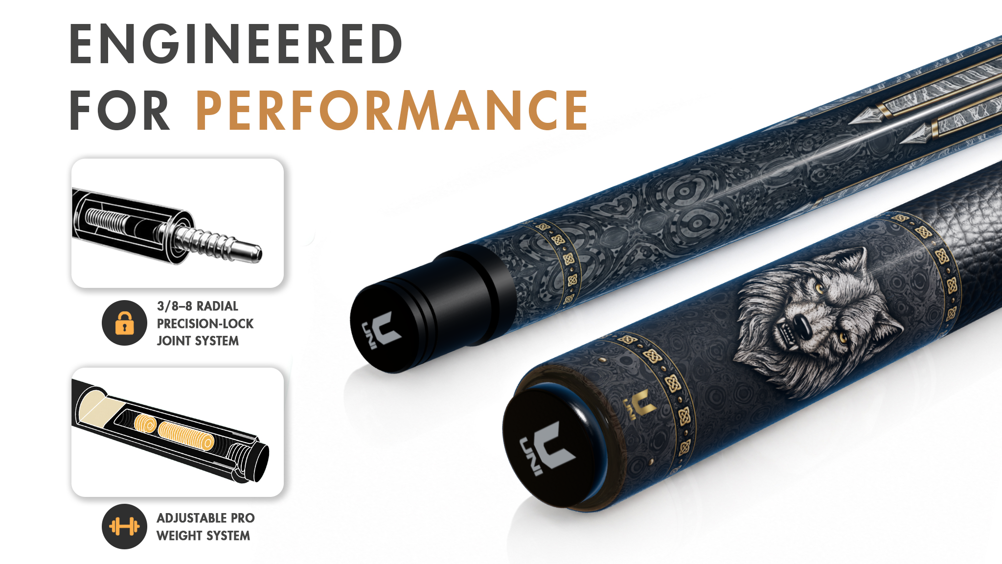 Uni Damascus Steel Wolf Pool Cue | Snarling Silver Wolf on Forged Damascus Theme - Detail 1