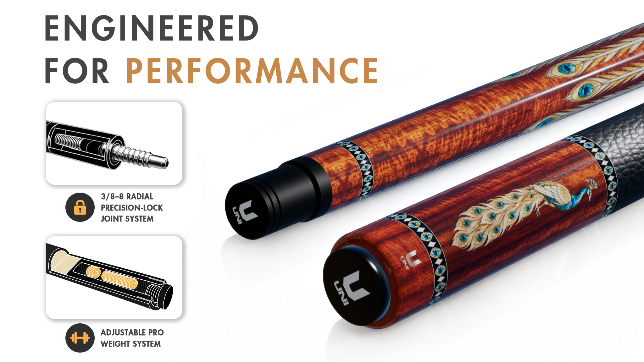 Uni Mother of Pearl Peacock Pool Cue | Abalone Feather Hawaiian Koa Wood Theme - Detail 1