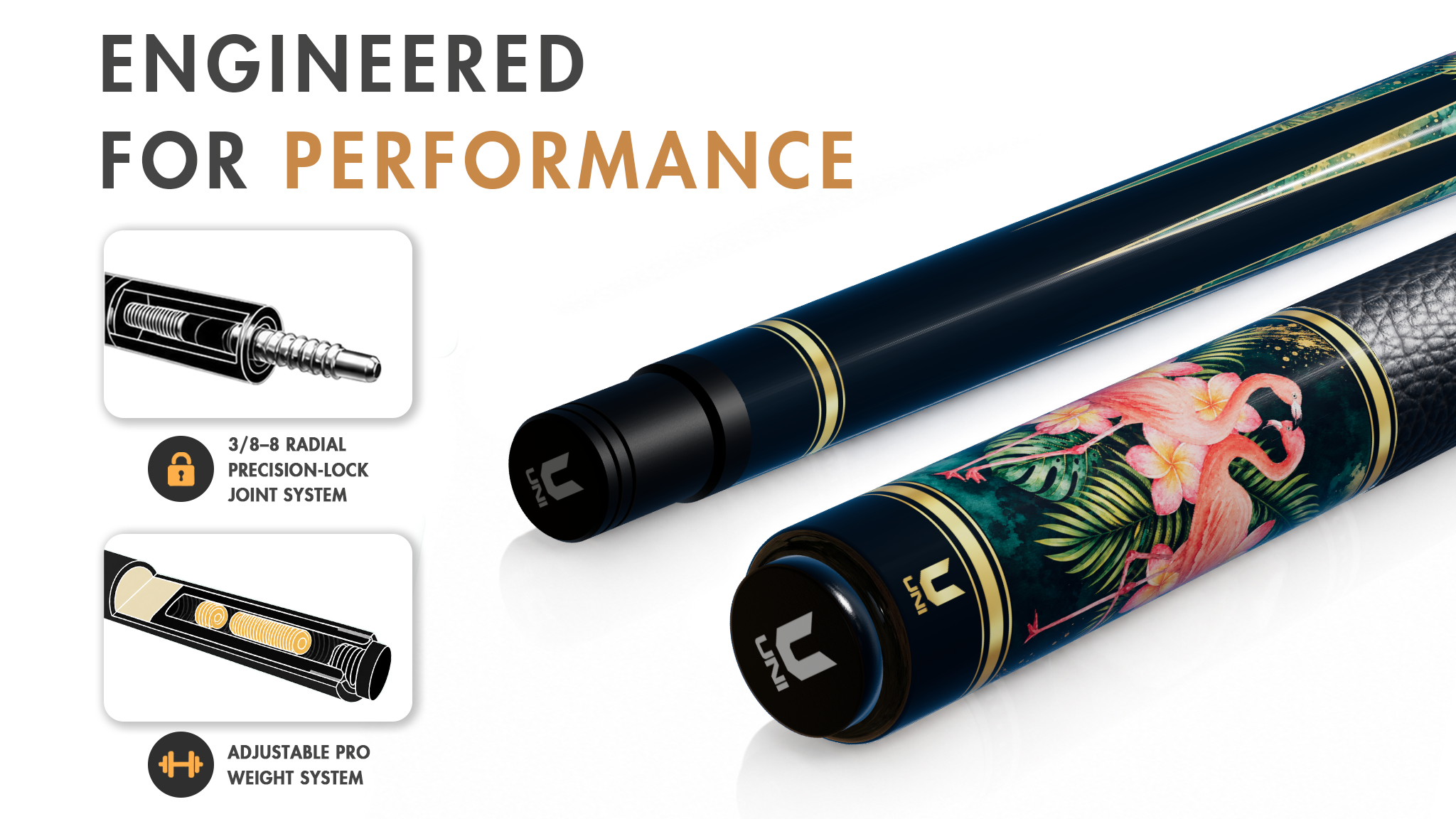 Uni Flamingo Tropical Carbon Fiber Pool Cue | Artist-Designed Pattern - Detail 1