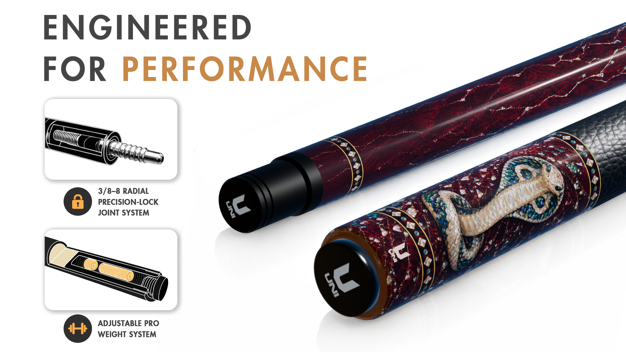 Uni Mother of Pearl Cobra Pool Cue | Abalone King Cobra on Shattered Crimson Lacquer Theme - Detail 1