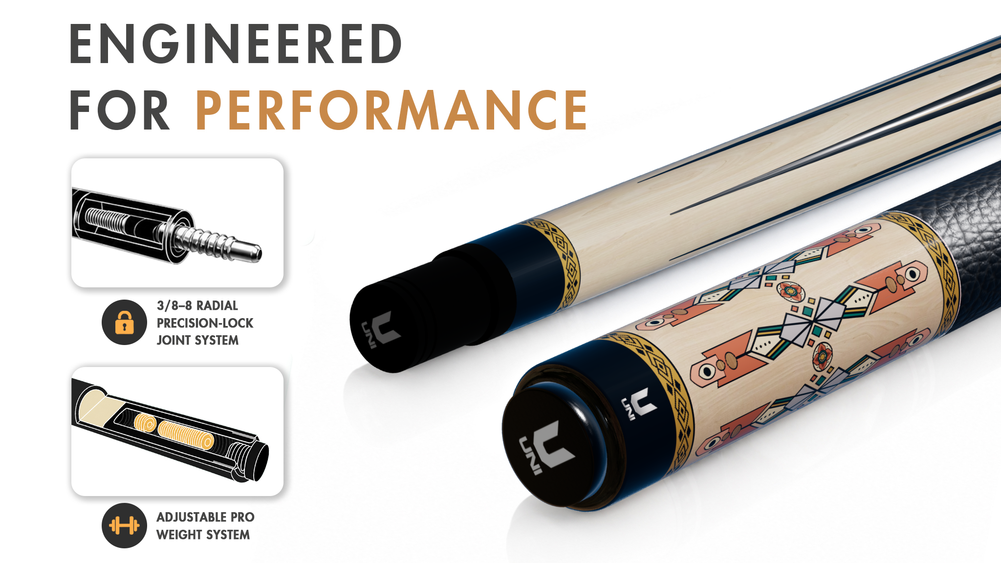 Uni Southwestern-Inspired Aztec Carbon Fiber Pool Cue | Heritage Pattern - Detail 1