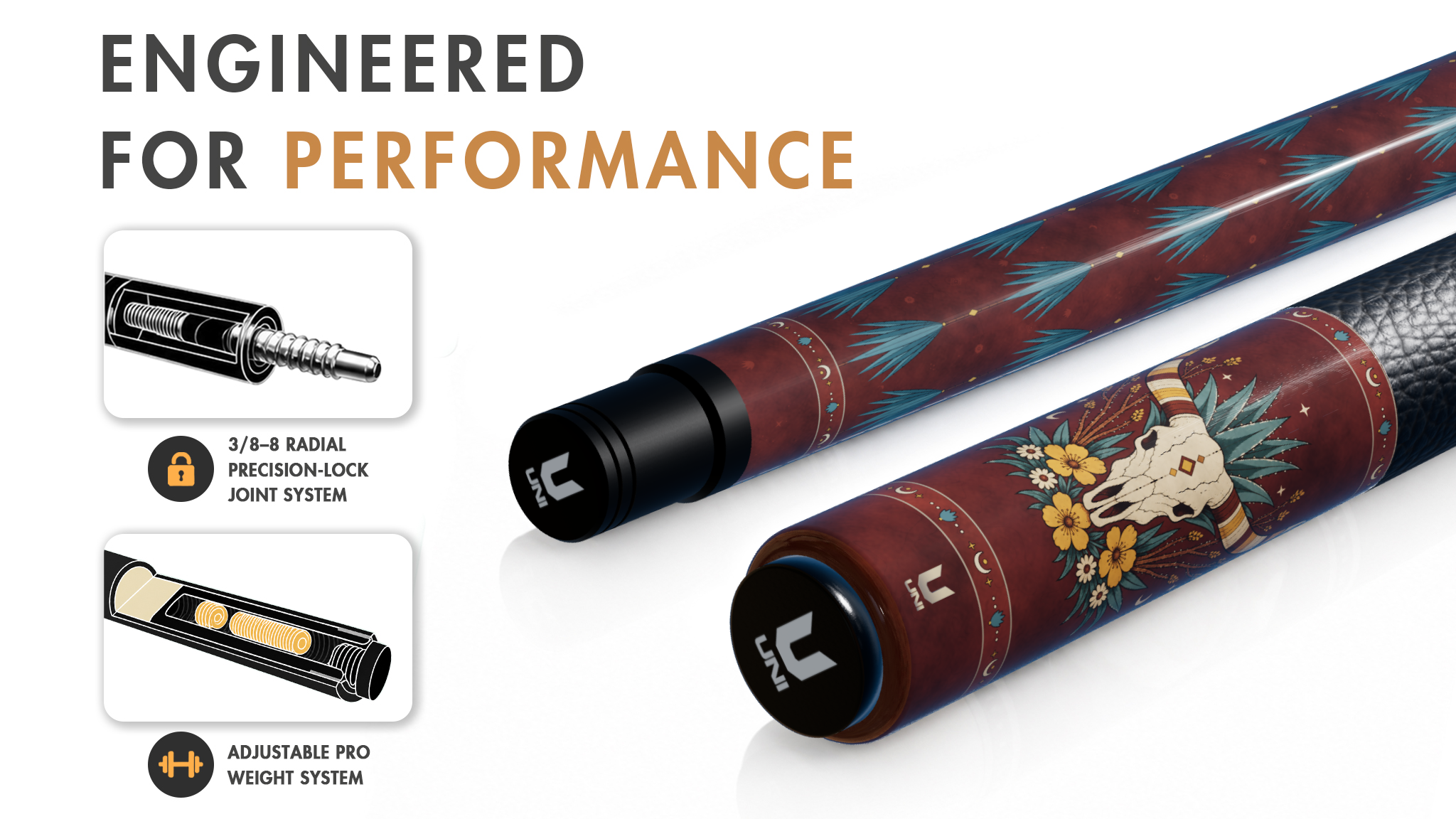 Southwest Bull Skull Pool Cue – Brick Red Desert Agave & Wildflower Design - Detail 1