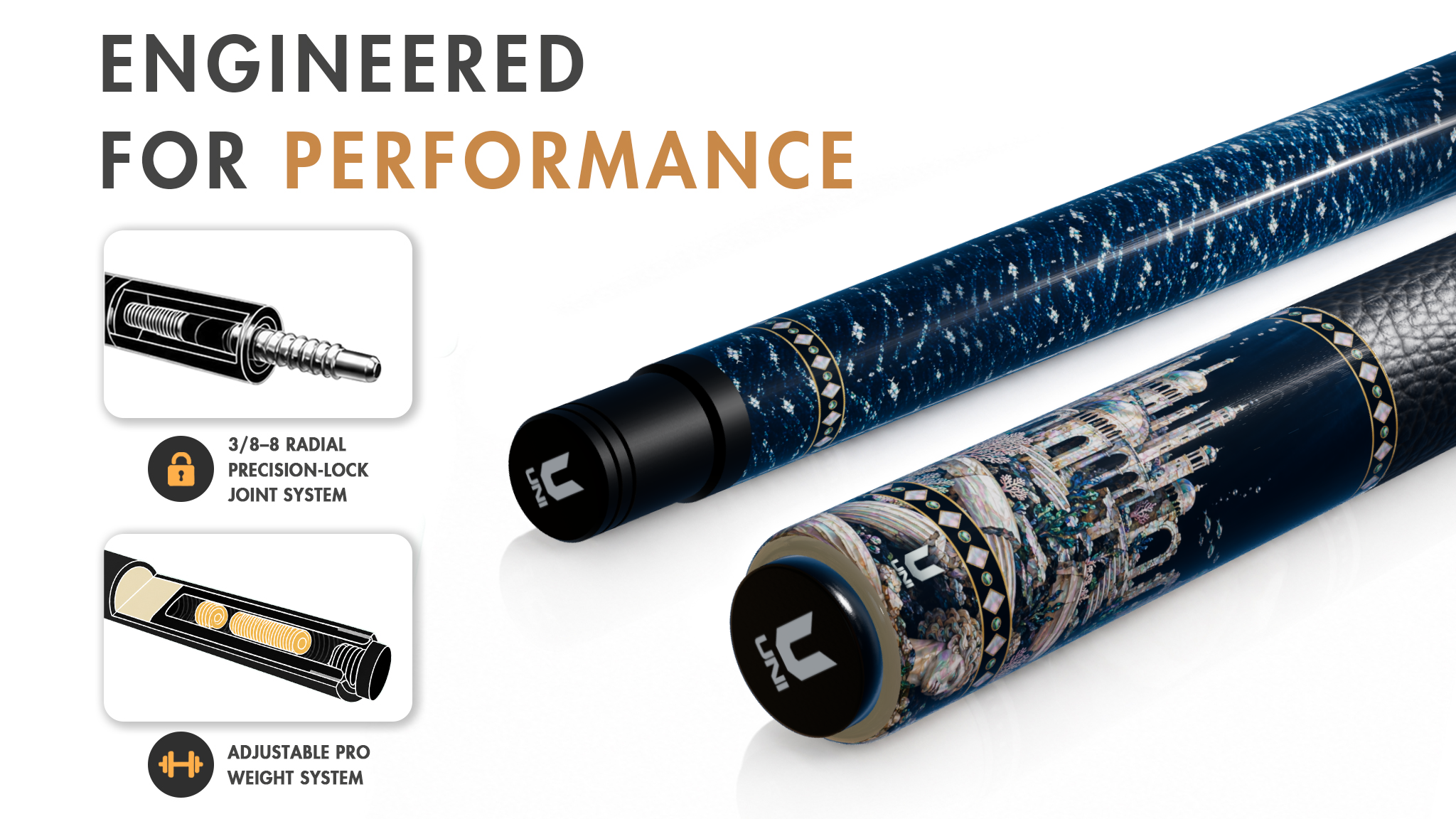 Uni Mother of Pearl Sunken City Pool Cue | Abalone Atlantis Deep Sea Black Lacquer Theme - Detail 1