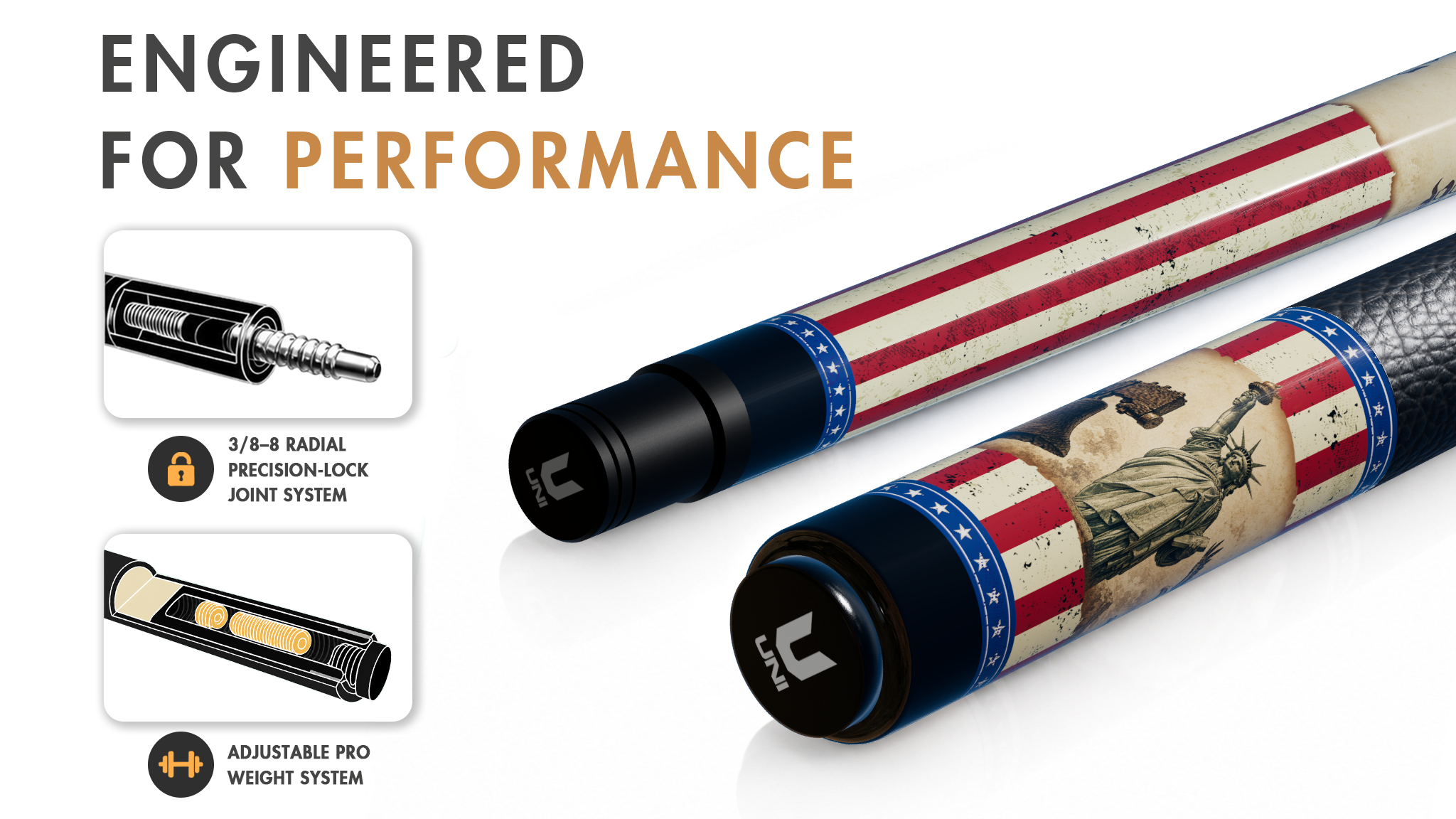 Uni Vintage American Flag Carbon Fiber Pool Cue | Liberty Bell & Bald Eagle - Detail 1