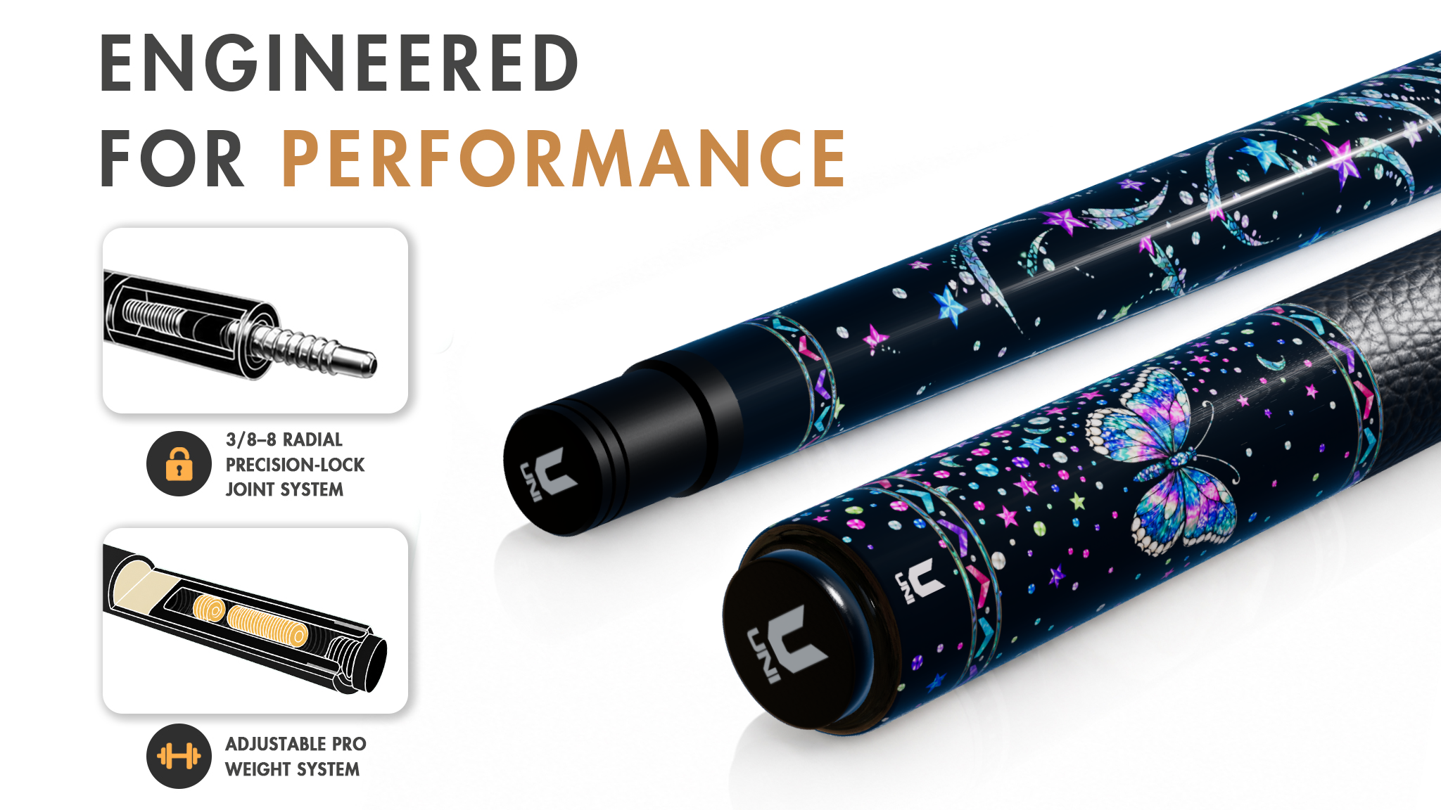 Uni Mother of Pearl Butterfly Pool Cue | Neon Abalone Black Lacquer Theme - Detail 1