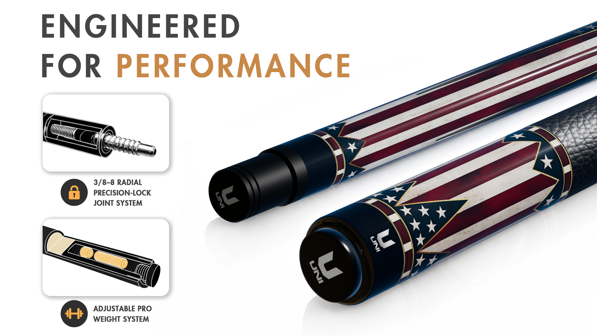 Uni Old Glory Patriot Carbon Fiber Pool Cue | American Flag Design - Detail 1