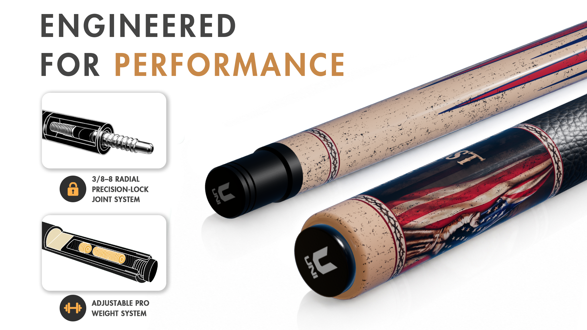 Uni American Christian Cross Carbon Fiber Pool Cue | Flag Design - Detail 1