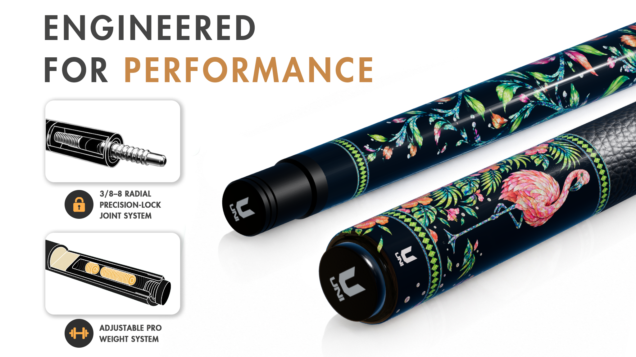 Uni Mother of Pearl Flamingo Pool Cue | Neon Palm Black Lacquer Theme - Detail 1