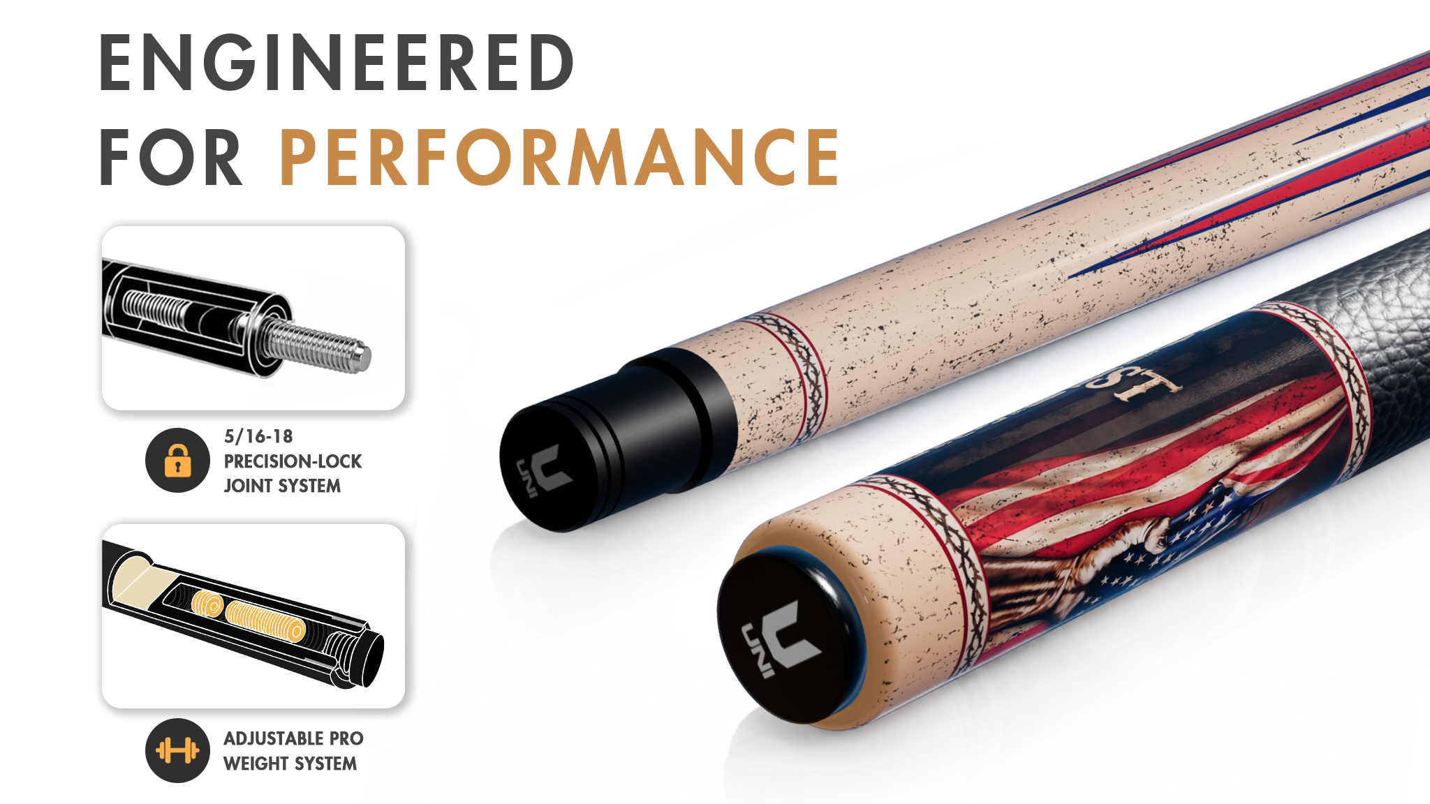 Uni American Christian Cross Carbon Fiber Pool Cue | Flag Design - Detail 1