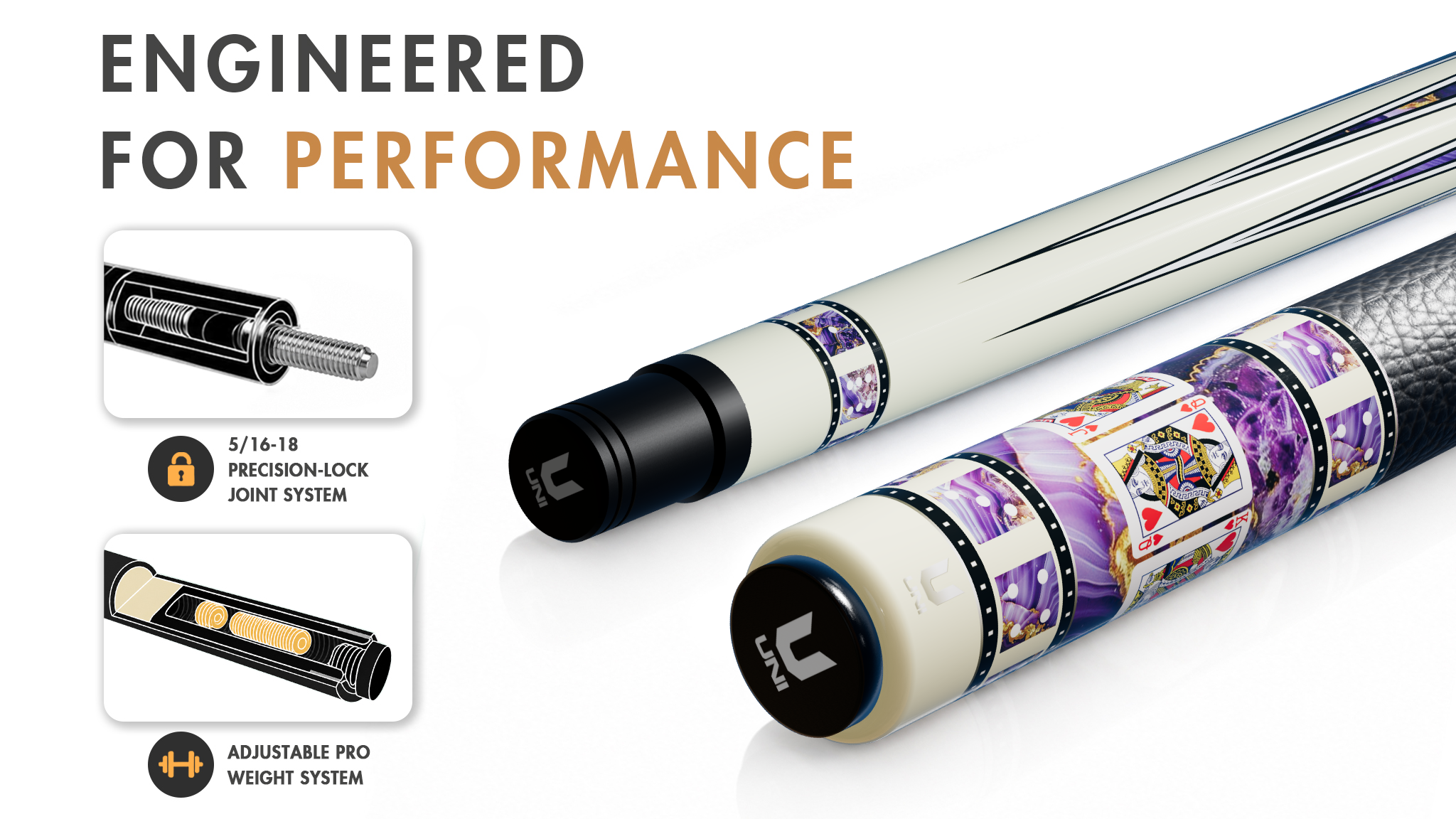 Uni Royal Flush Carbon Fiber Pool Cue | Amethyst Purple Stone - Detail 1