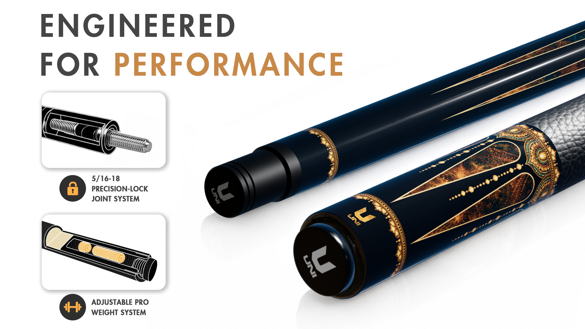 Uni Mandala-Inspired Carbon Fiber Pool Cue | Elegant Gold Accents - Detail 1