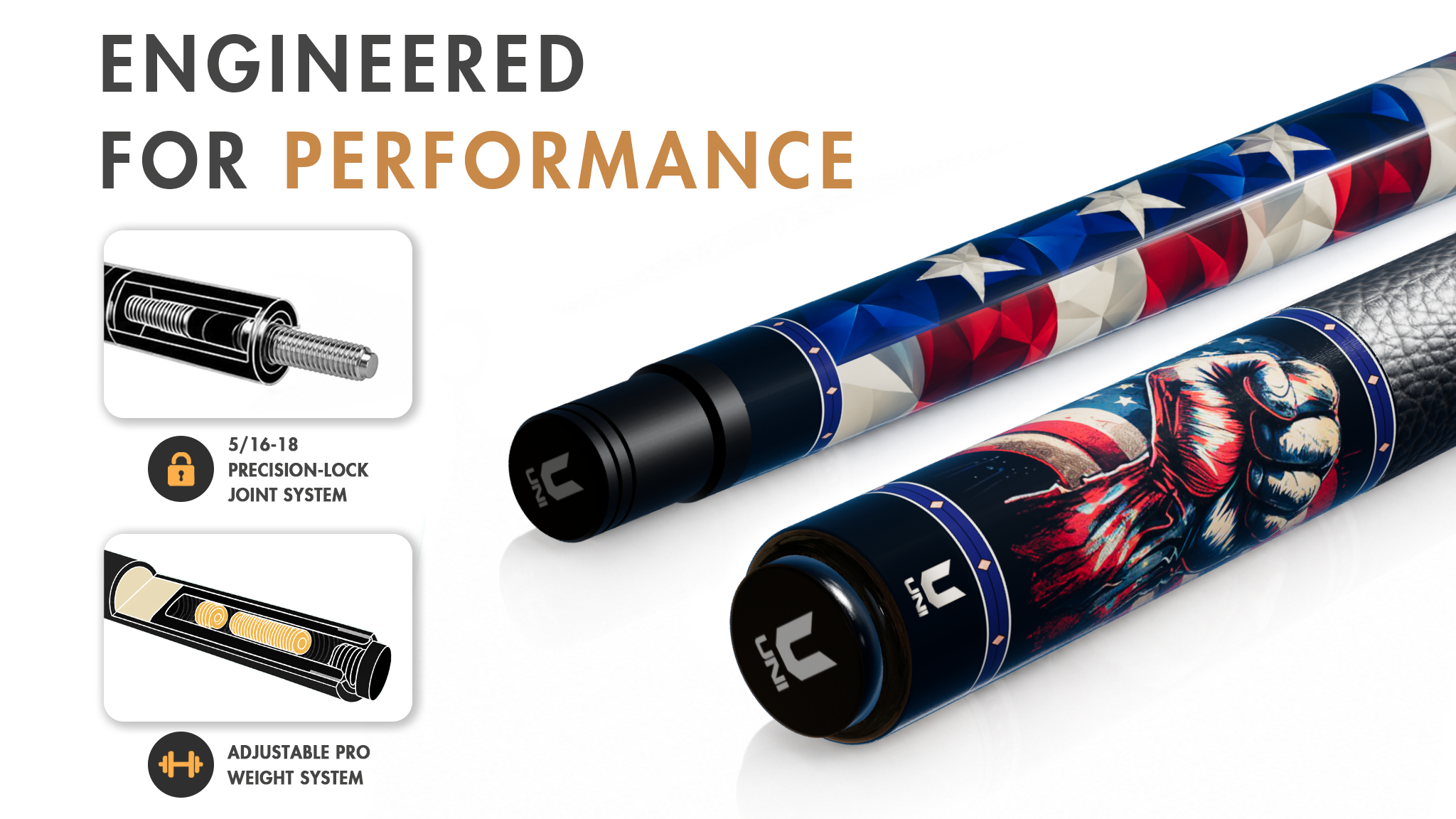 Uni American Grit & Glory Carbon Fiber Pool Cue | Low-Poly Flag & Victory Fist - Detail 1