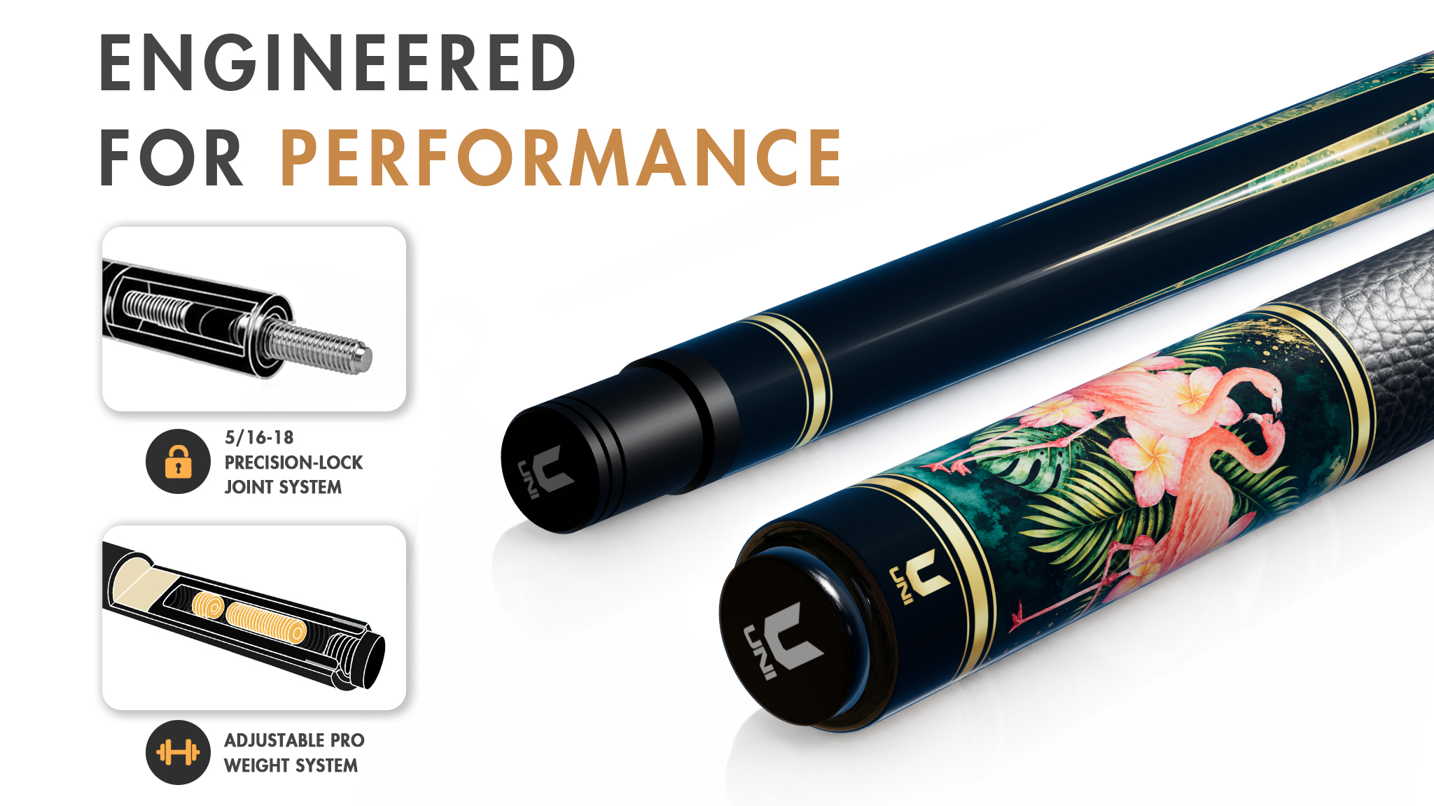 Uni Flamingo Tropical Carbon Fiber Pool Cue | Artist-Designed Pattern - Detail 1