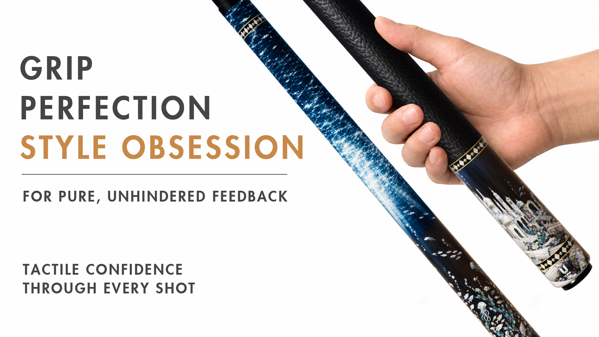 Uni Mother of Pearl Sunken City Pool Cue | Abalone Atlantis Deep Sea Black Lacquer Theme - Detail 2