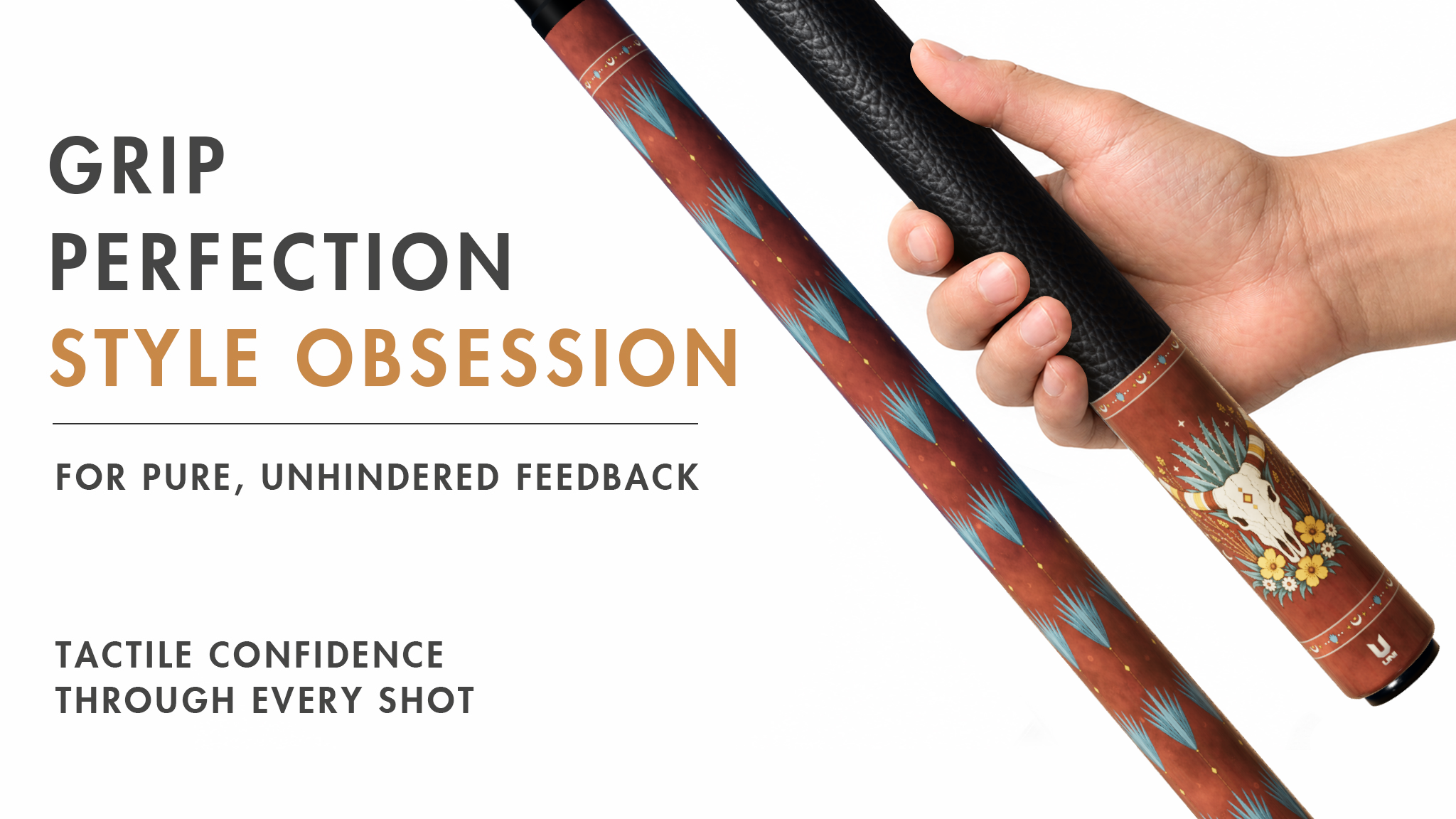 Southwest Bull Skull Pool Cue – Brick Red Desert Agave & Wildflower Design - Detail 2