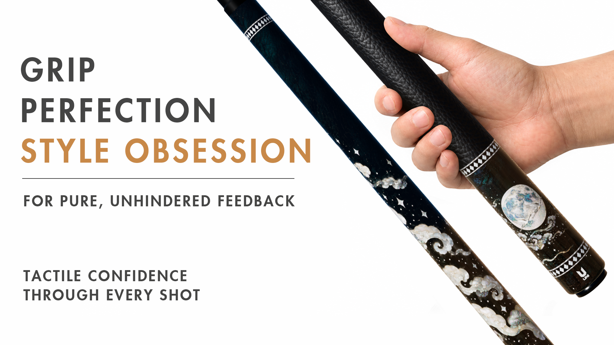 Uni Mother of Pearl Moon Pool Cue | Silver Crane Night Sky Black Lacquer Theme - Detail 2