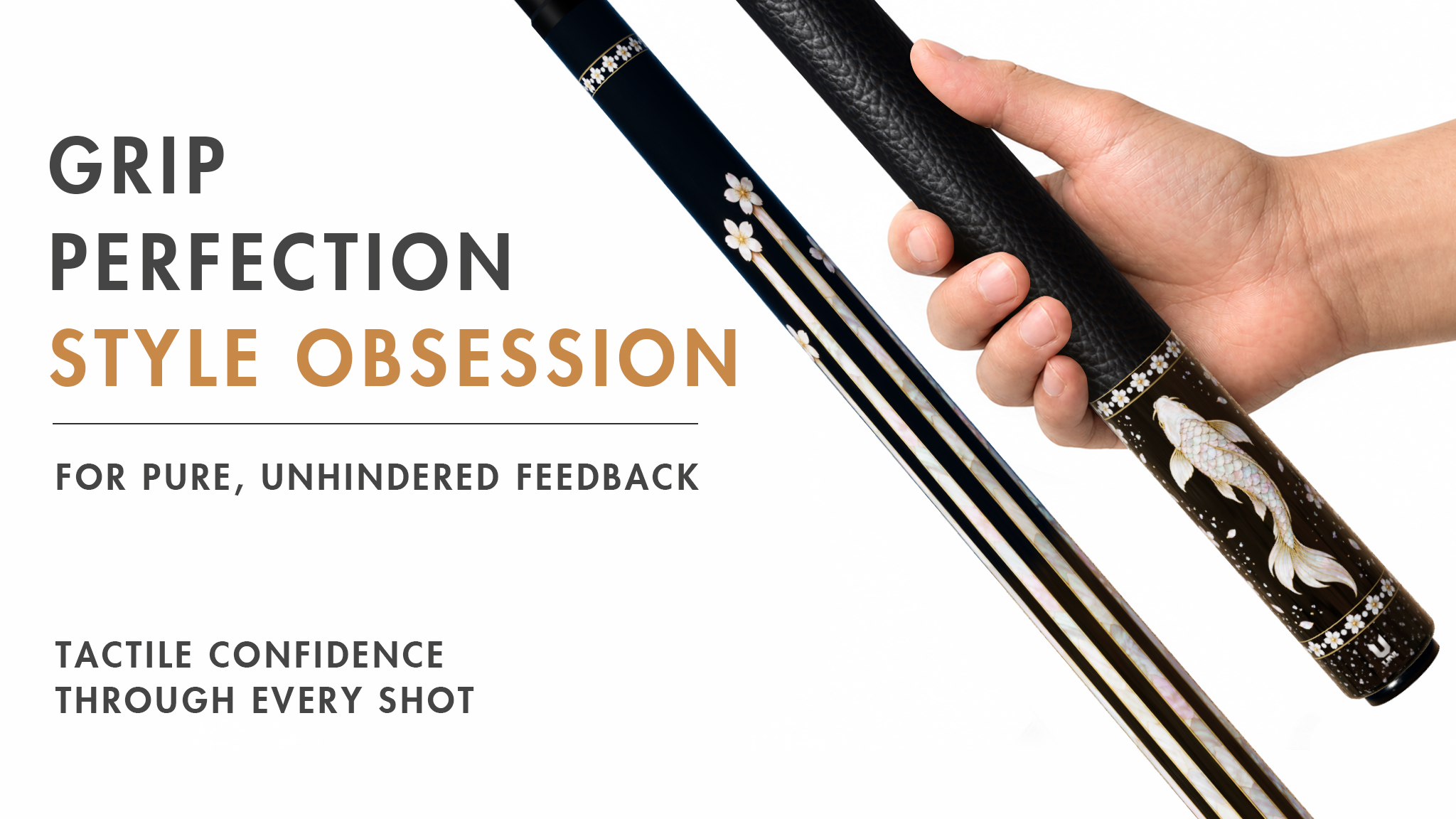 Uni Mother of Pearl Koi Pool Cue | Raden Cherry Blossom Black Lacquer Theme - Detail 2