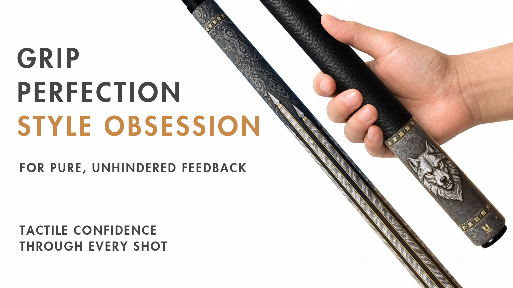 Uni Damascus Steel Wolf Pool Cue | Snarling Silver Wolf on Forged Damascus Theme - Detail 2